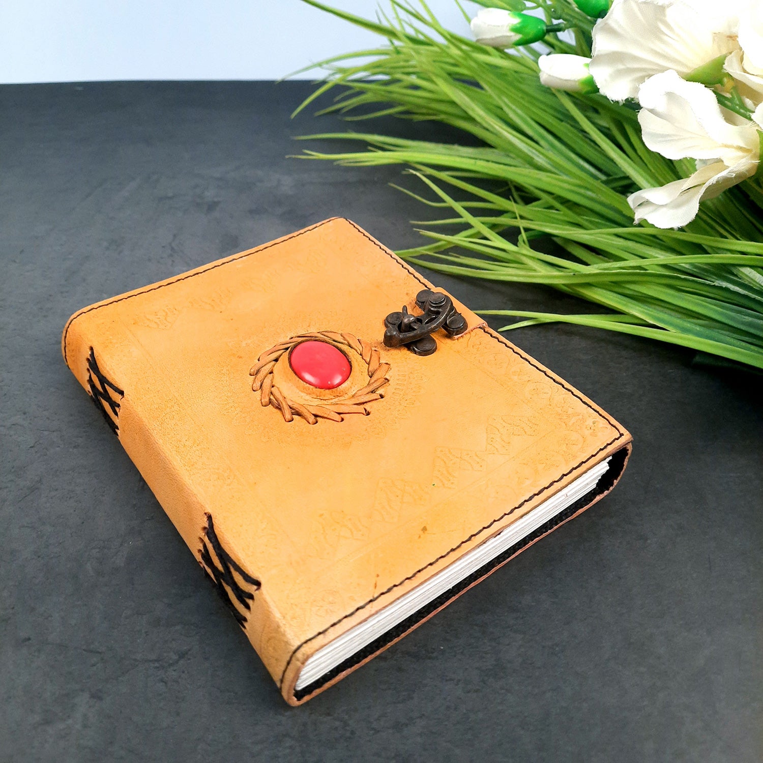 Leather Diary Vintage With Lock | Journal Notebook With Handmade Paper | Personal Traveller's Book, Sketchbook - for Writing, Table, Office, Desk, Study, Corporate Gifts | Gift for Him / Her - apkamart #Color_Yellow