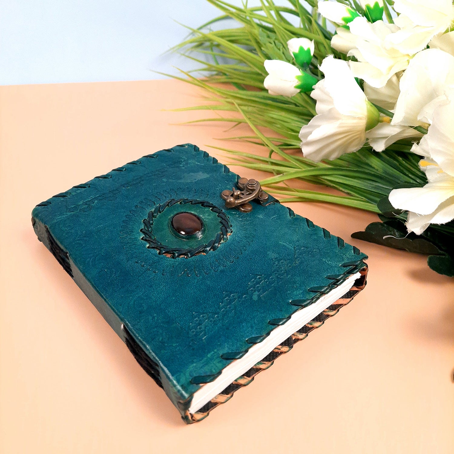 Leather Diary Vintage With Lock | Journal Notebook With Handmade Paper | Personal Traveller's Book, Sketchbook - for Writing, Table, Office, Desk, Study, Corporate Gifts | Gift for Him / Her - apkamart #Color_Blue 1