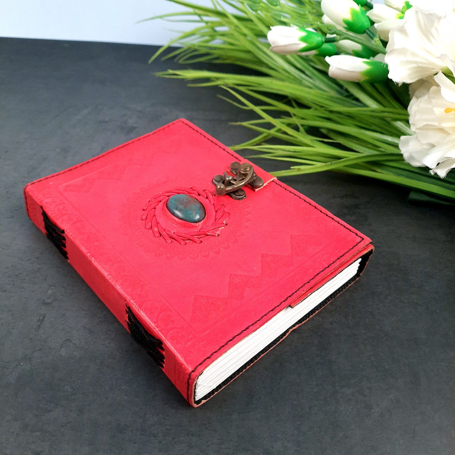 Leather Diary Vintage With Lock | Journal Notebook With Handmade Paper | Personal Traveller's Book, Sketchbook - for Writing, Table, Office, Desk, Study, Corporate Gifts | Gift for Him / Her - apkamart #Color_Red