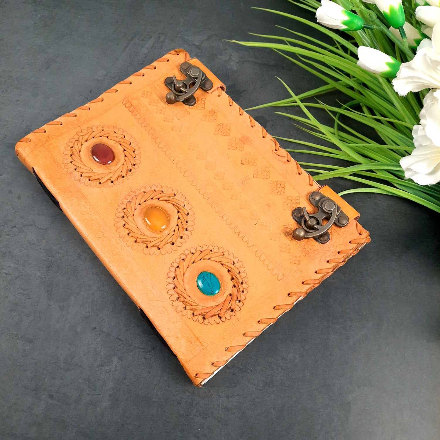 Leather Diary Vintage With Lock | Journal Notebook With Handmade Paper | Personal Traveller's Book, Sketchbook - for Writing, Table, Office, Desk, Study, Corporate Gifts | Gift for Him / Her - apkamart #Size_10 Inch