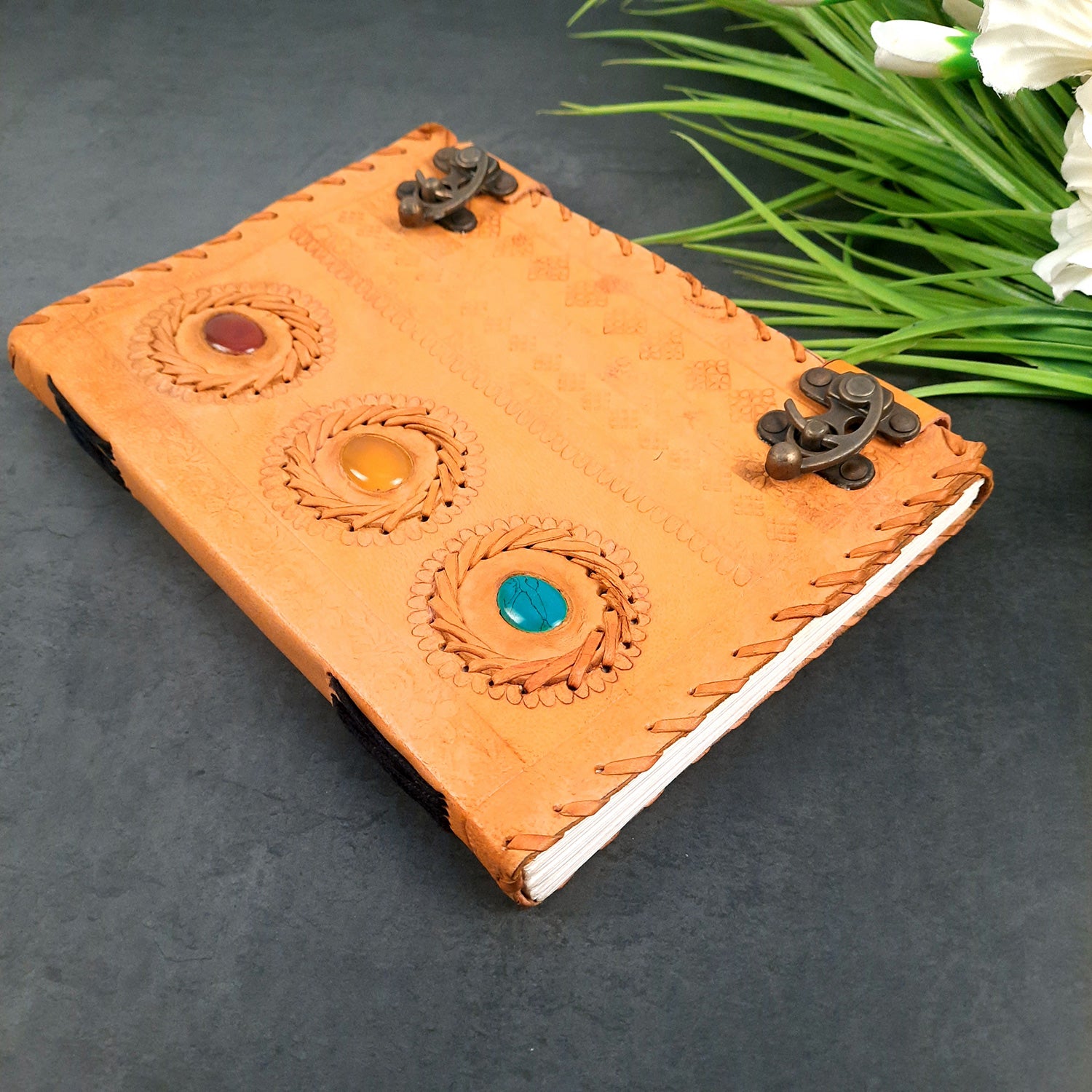 Leather Diary Vintage With Lock | Journal Notebook With Handmade Paper | Personal Traveller's Book, Sketchbook - for Writing, Table, Office, Desk, Study, Corporate Gifts | Gift for Him / Her - apkamart #Size_10 Inch