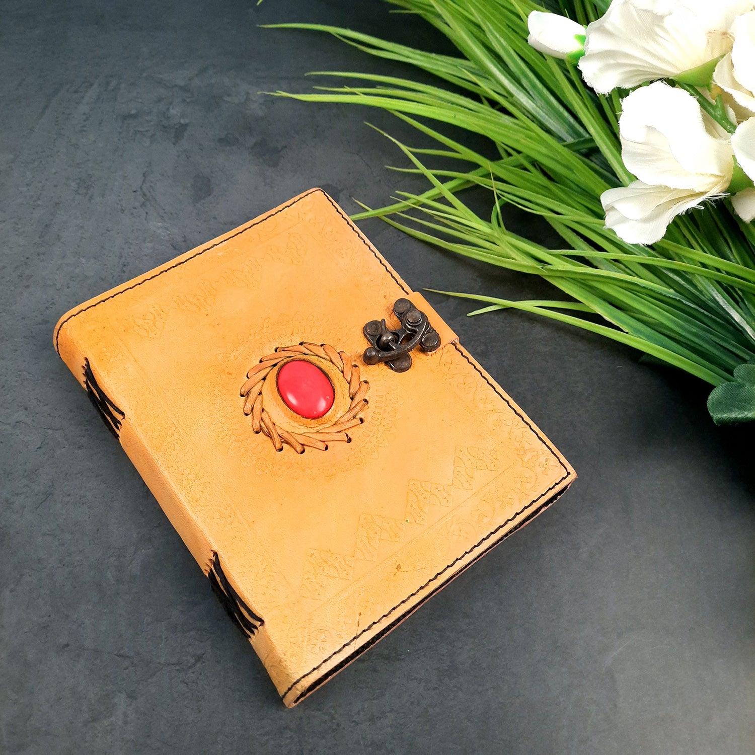 Leather Diary Vintage With Lock | Journal Notebook With Handmade Paper | Personal Traveller's Book, Sketchbook - for Writing, Table, Office, Desk, Study, Corporate Gifts | Gift for Him / Her - apkamart #Color_Yellow