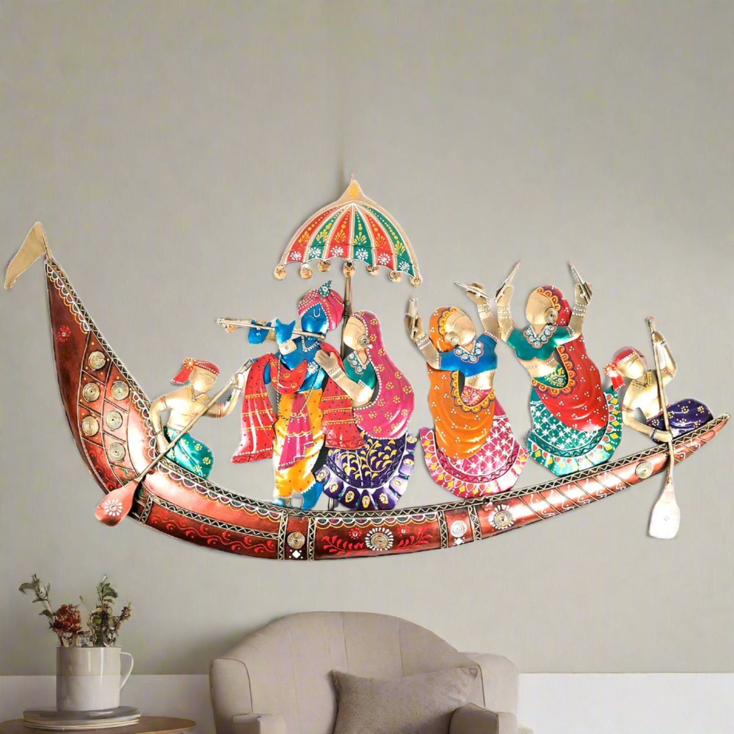 Wall Hanging with LED Lights - Radha Krishna With Gopis Design | Decorative Backlit Metal Wall Decor - For Home, Office, Living Room Wall Decor & Gifts - 33 Inch - apkamart