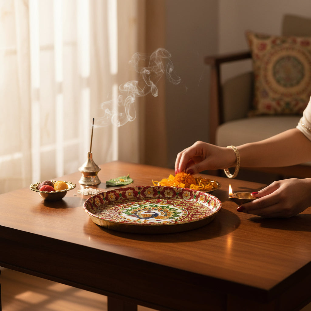 Peacock Design Pooja Thali for Diwali Karwa Chauth Festival | Decorative Pooja Thali for Home Mandir Temple and Religious Occasions - 8 Inch - Apkamart