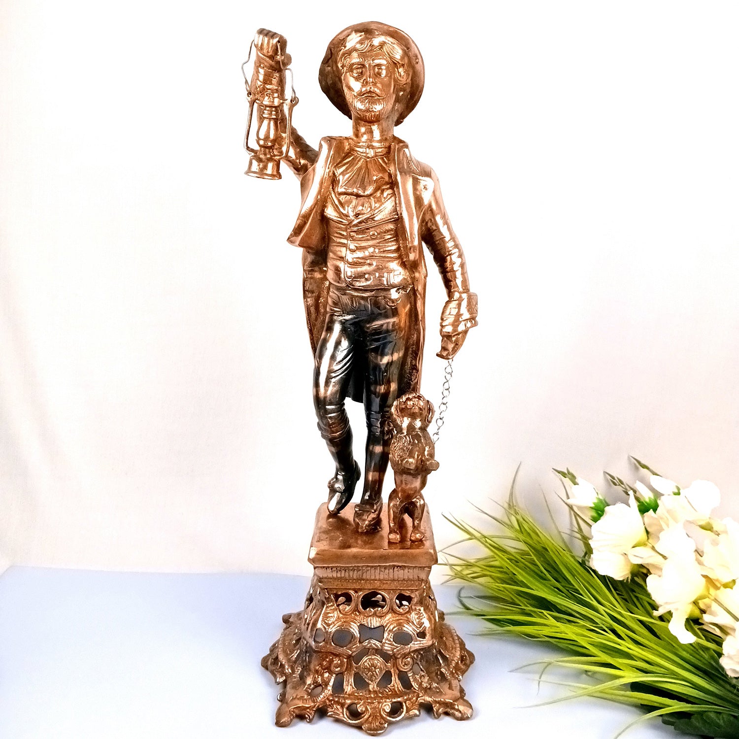 English Man With Dog & Lantern Statue | Antique Village Man Big Showpiece With Lalten - For Home, Corner, Living room Decor & Gifts - 26 Inch - Apkamart