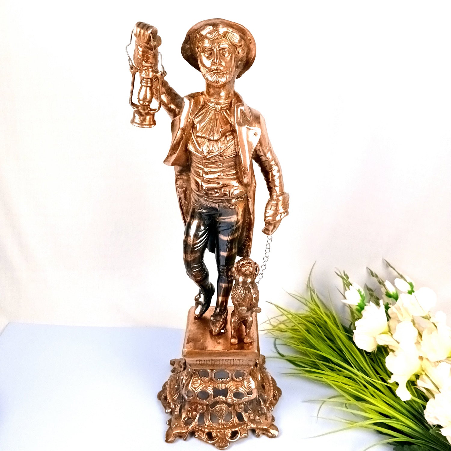 English Man With Dog & Lantern Statue | Antique Village Man Big Showpiece With Lalten - For Home, Corner, Living room Decor & Gifts - 26 Inch - Apkamart