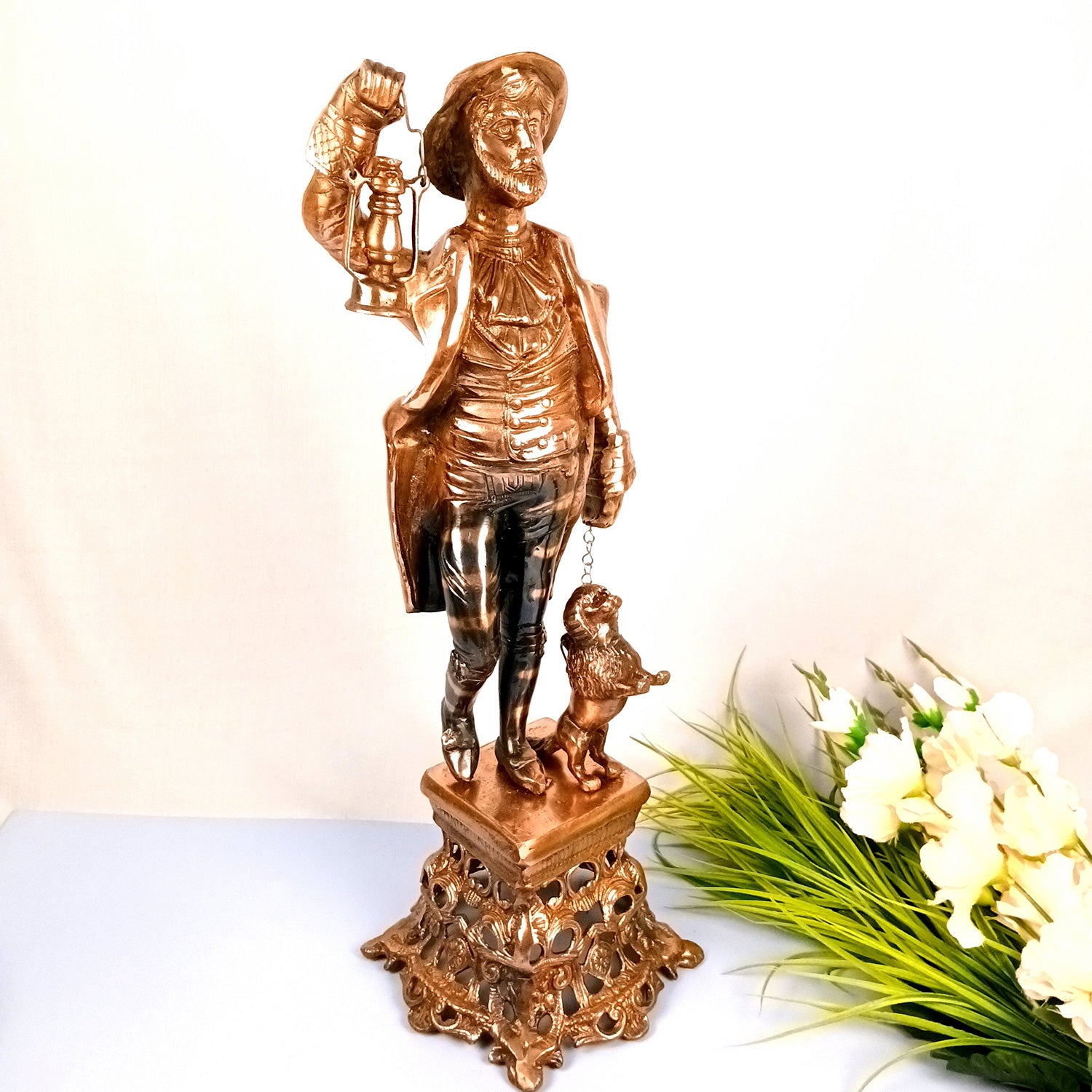 English Man With Dog & Lantern Statue | Antique Village Man Big Showpiece With Lalten - For Home, Corner, Living room Decor & Gifts - 26 Inch - Apkamart