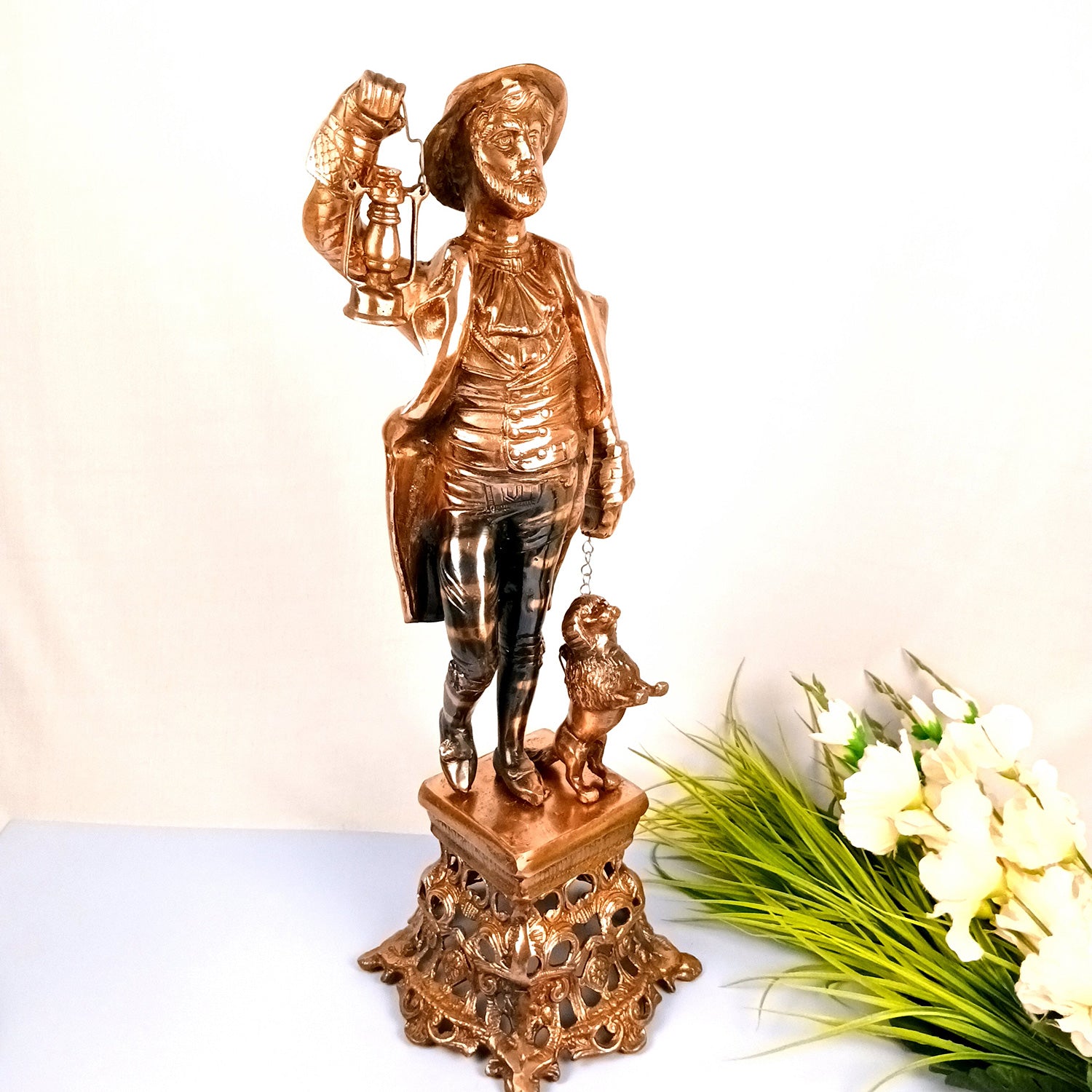 English Man With Dog & Lantern Statue | Antique Village Man Big Showpiece With Lalten - For Home, Corner, Living room Decor & Gifts - 26 Inch - Apkamart