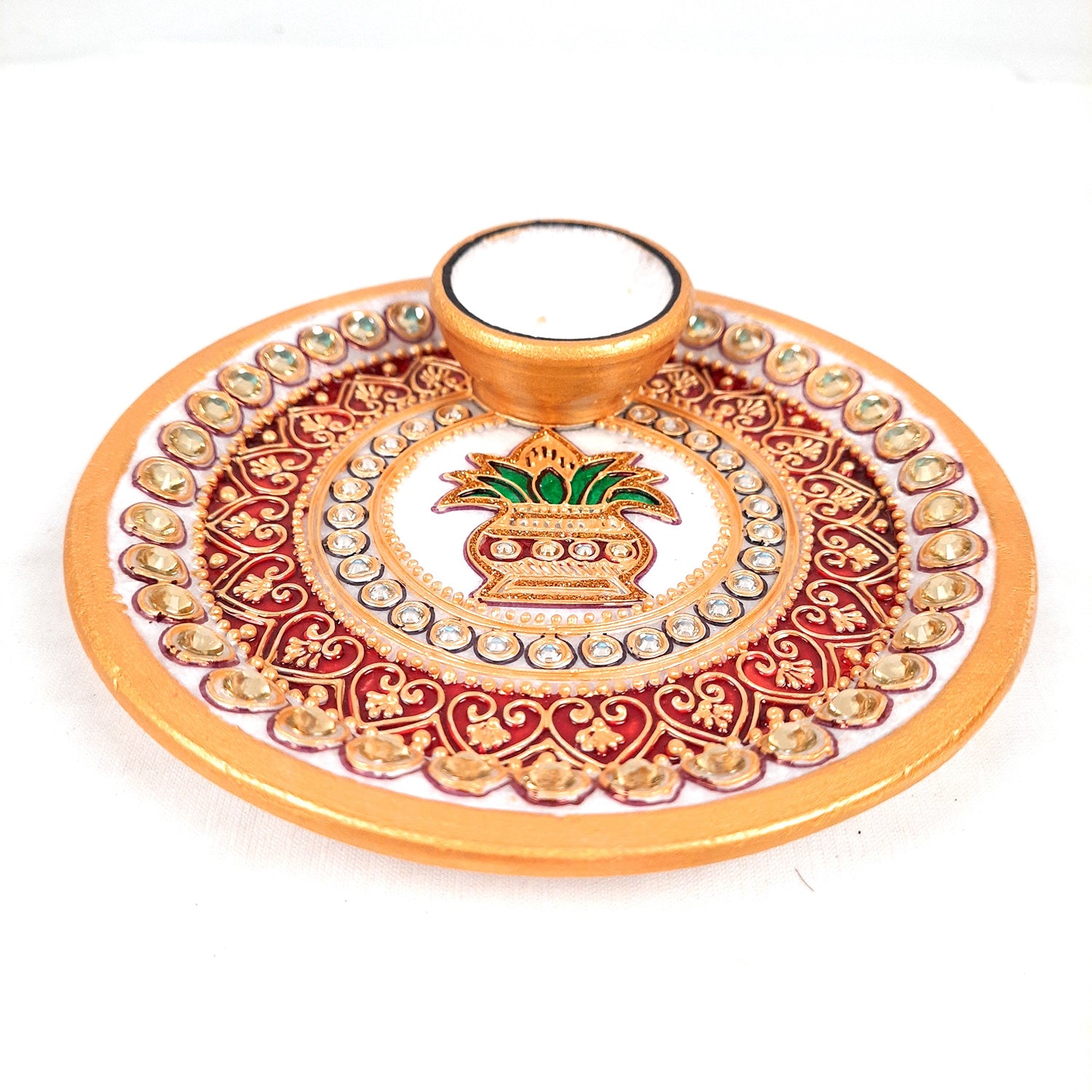 Marble Puja Thali With Diya / Small Bowl | Aarti Plate With Intricate Detailing & Kalash Design - For Pooja, Weddings, Temple, Rakhi, Karwachauth & Festival Decor - apkamart