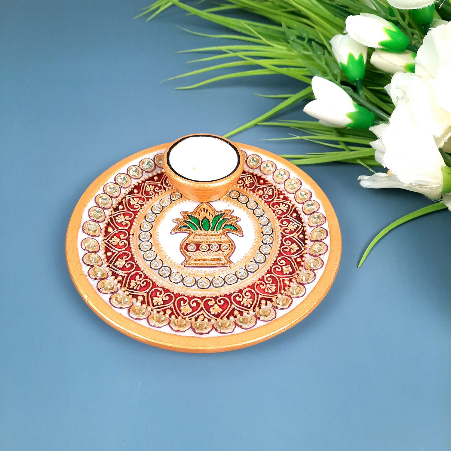 Marble Puja Thali With Diya / Small Bowl | Aarti Plate With Intricate Detailing & Kalash Design - For Pooja, Weddings, Temple, Rakhi, Karwachauth & Festival Decor - apkamart