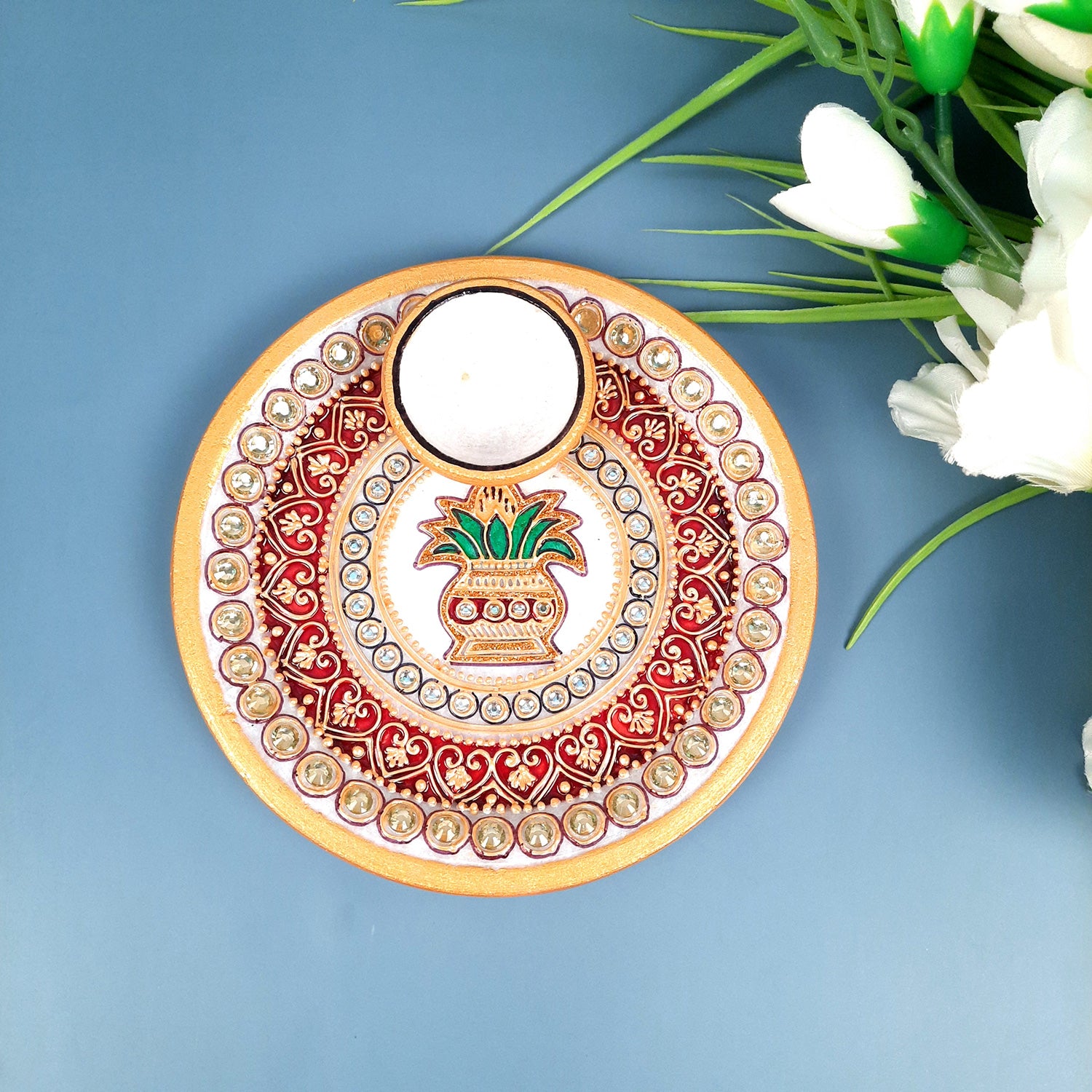 Marble Puja Thali With Diya / Small Bowl | Aarti Plate With Intricate Detailing & Kalash Design - For Pooja, Weddings, Temple, Rakhi, Karwachauth & Festival Decor - apkamart