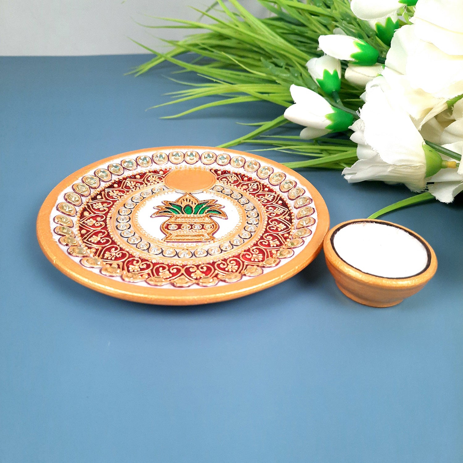 Marble Puja Thali With Diya / Small Bowl | Aarti Plate With Intricate Detailing & Kalash Design - For Pooja, Weddings, Temple, Rakhi, Karwachauth & Festival Decor - apkamart