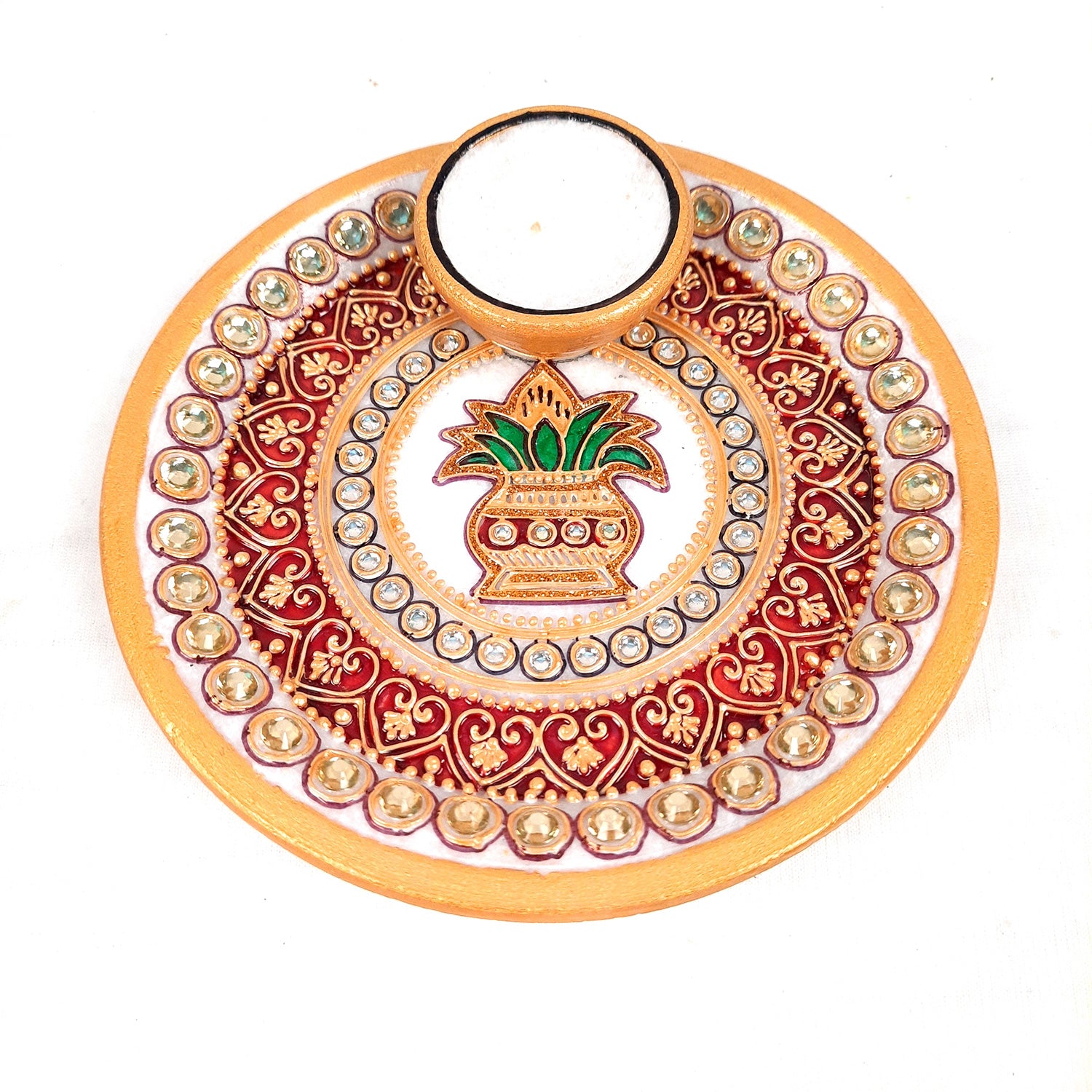 Marble Puja Thali With Diya / Small Bowl | Aarti Plate With Intricate Detailing & Kalash Design - For Pooja, Weddings, Temple, Rakhi, Karwachauth & Festival Decor - apkamart