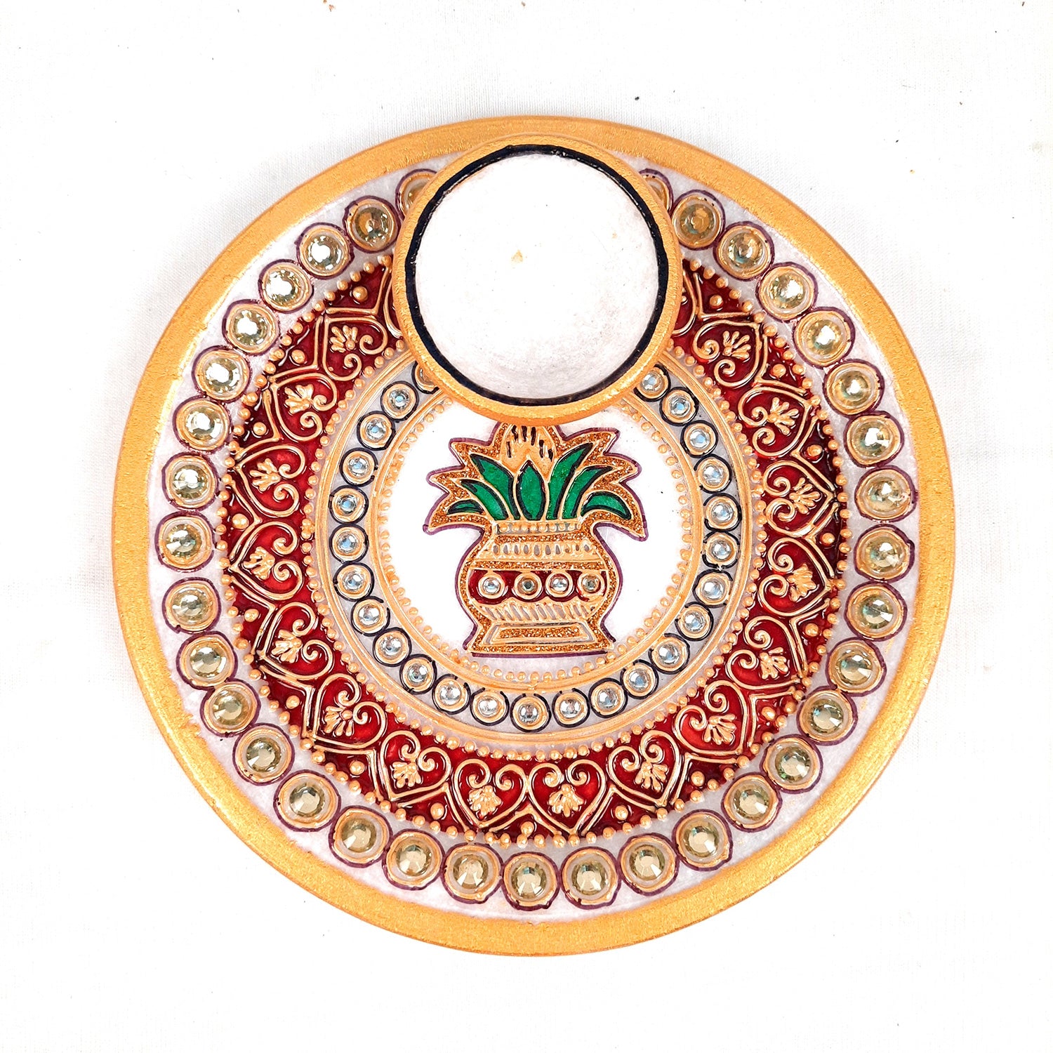 Marble Puja Thali With Diya / Small Bowl | Aarti Plate With Intricate Detailing & Kalash Design - For Pooja, Weddings, Temple, Rakhi, Karwachauth & Festival Decor - apkamart