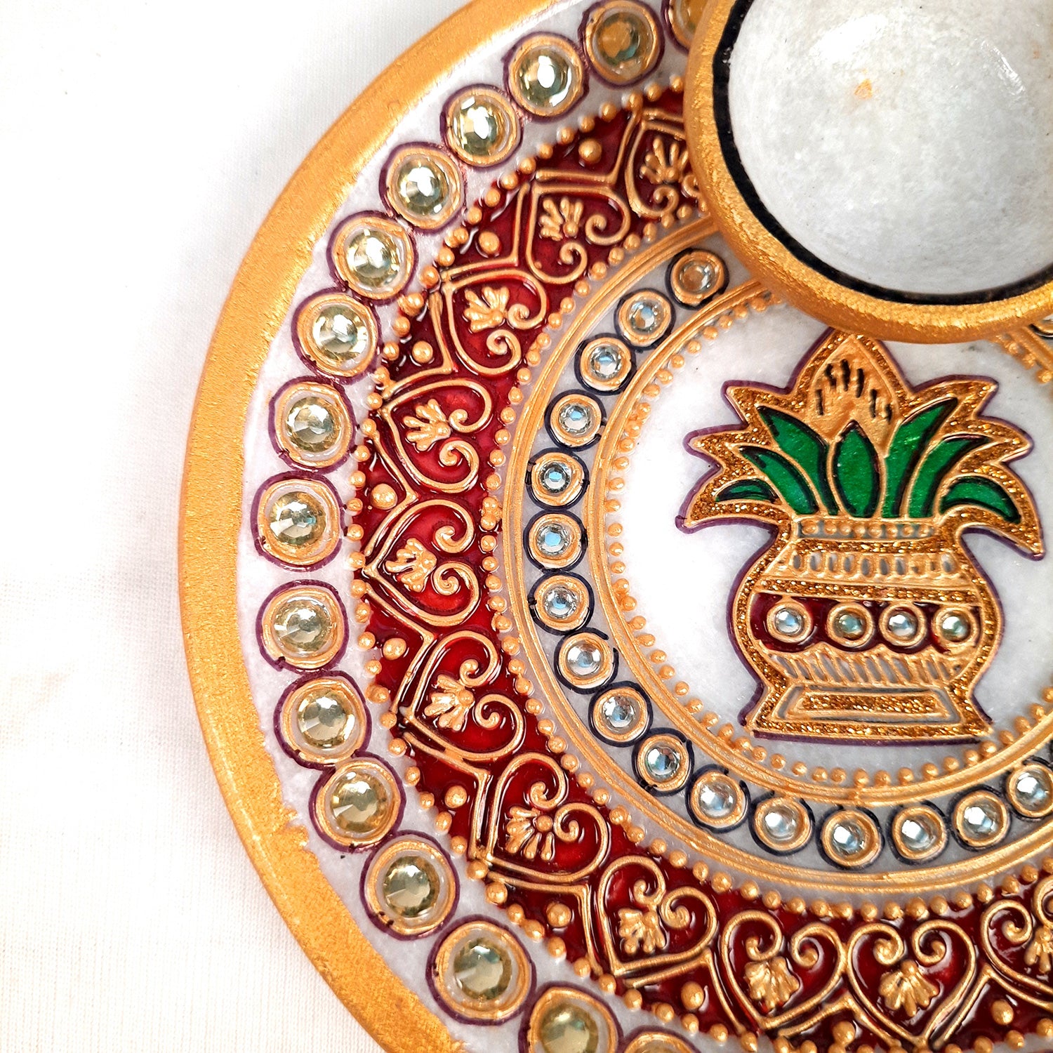 Marble Puja Thali With Diya / Small Bowl | Aarti Plate With Intricate Detailing & Kalash Design - For Pooja, Weddings, Temple, Rakhi, Karwachauth & Festival Decor - apkamart