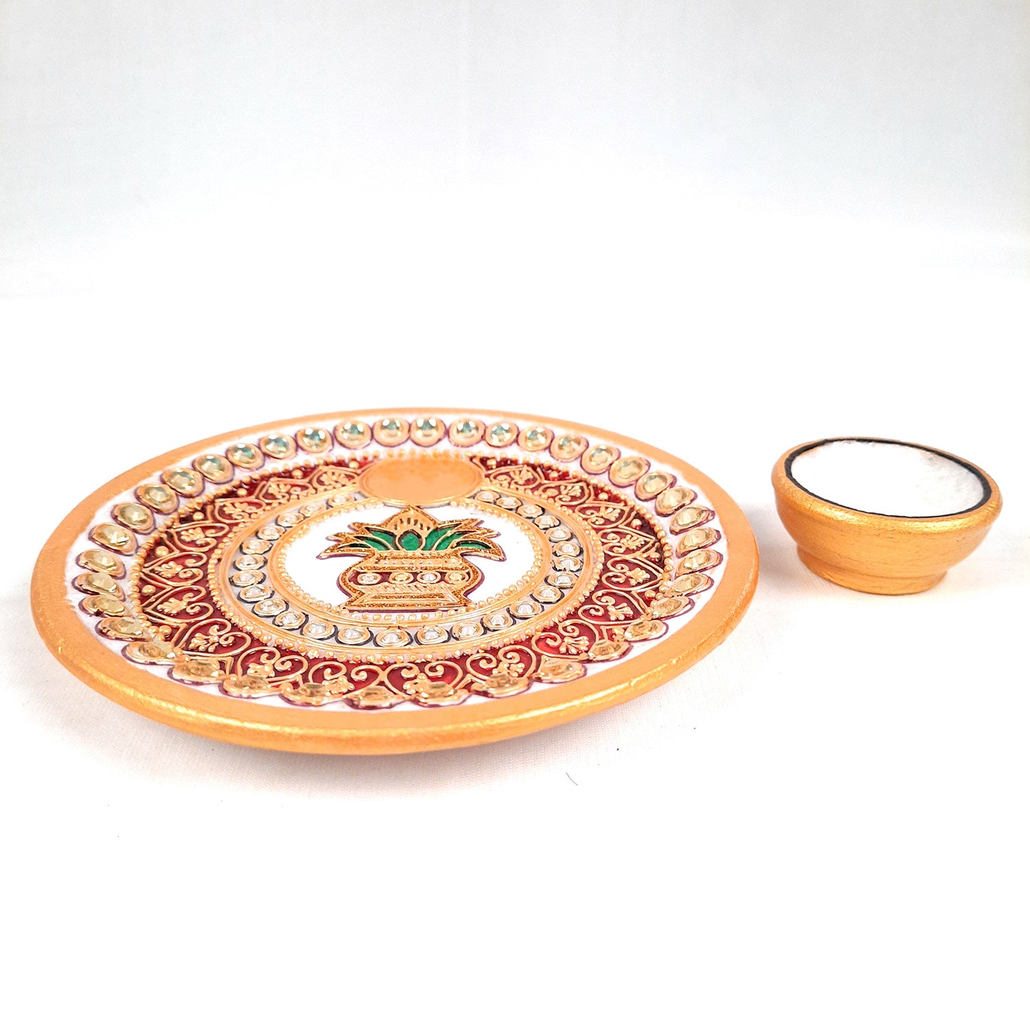 Marble Puja Thali With Diya / Small Bowl | Aarti Plate With Intricate Detailing & Kalash Design - For Pooja, Weddings, Temple, Rakhi, Karwachauth & Festival Decor - apkamart