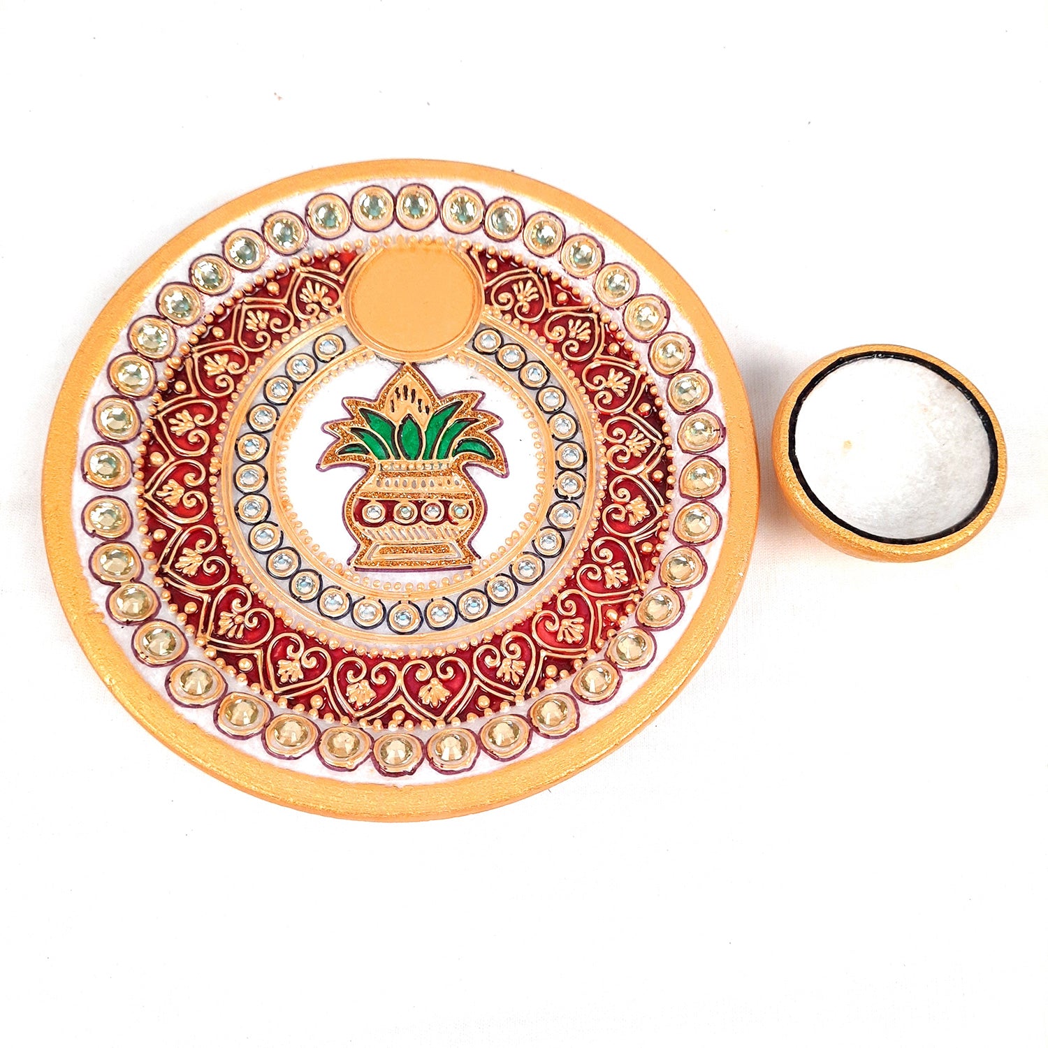 Marble Puja Thali With Diya / Small Bowl | Aarti Plate With Intricate Detailing & Kalash Design - For Pooja, Weddings, Temple, Rakhi, Karwachauth & Festival Decor - apkamart