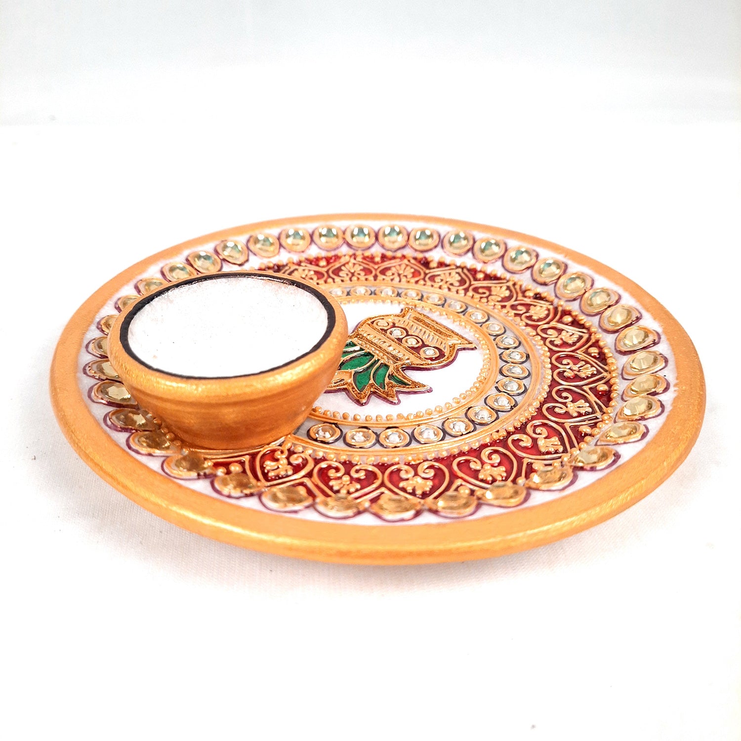 Marble Puja Thali With Diya / Small Bowl | Aarti Plate With Intricate Detailing & Kalash Design - For Pooja, Weddings, Temple, Rakhi, Karwachauth & Festival Decor - apkamart