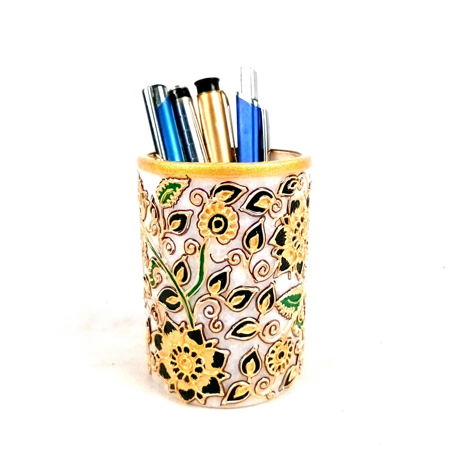 Multipurpose Holder For Pen, Cutlery, Napkin | Marble Decorative Stand With Meticulous Golden Emboss Work - For Home, office, Table, Dining, Kitchen Decor & Gifts - 4 Inch - Apkamart #Color_Black