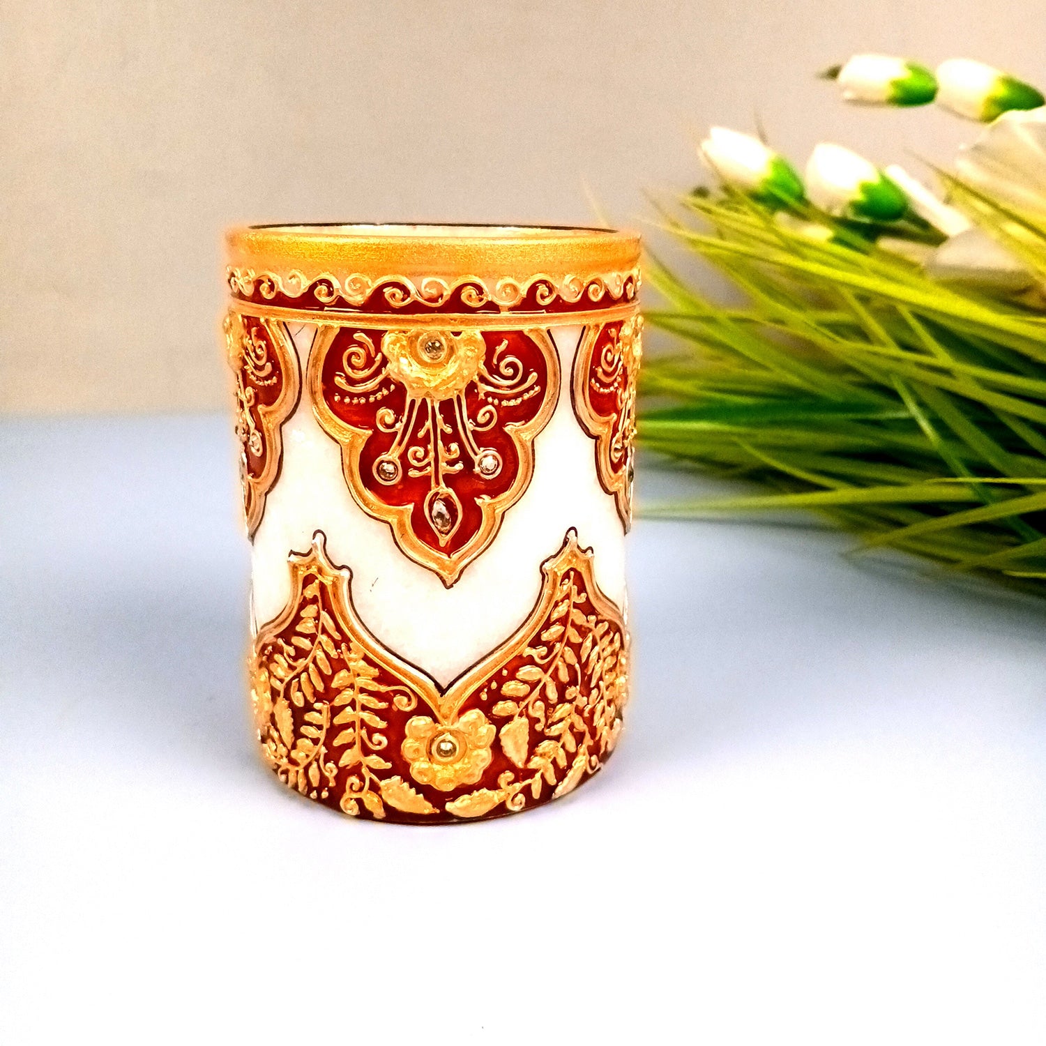 Multipurpose Holder for Cutlery, Napkin | Marble Decorative Stand with Heavy Golden Emboss & Kundan Work - for Home, Office, Table, Dining, Kitchen Decor & Gifts - 4 Inch - Apkamart #Style_Design 2