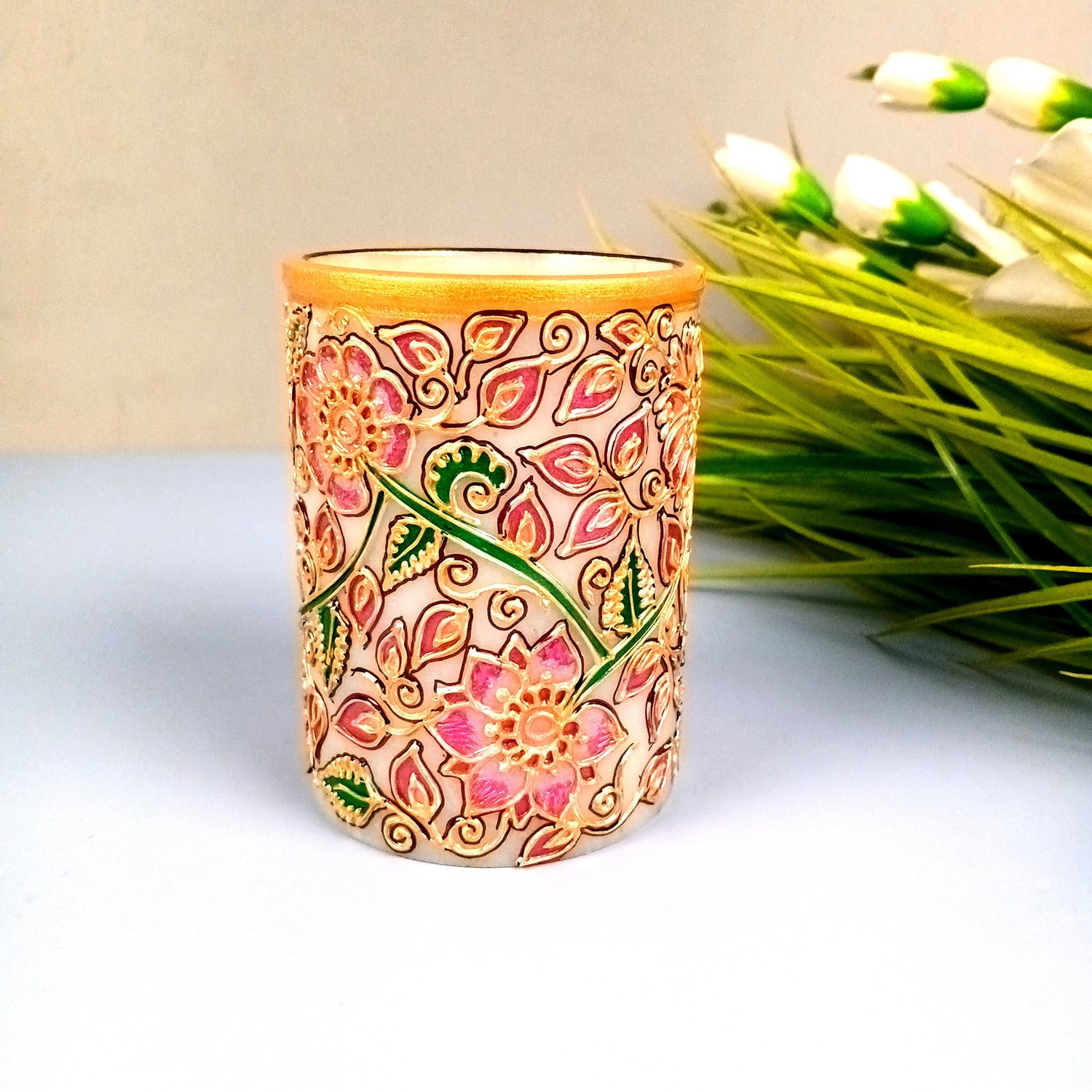 Multipurpose Holder For Pen, Cutlery, Napkin | Marble Decorative Stand With Meticulous Golden Emboss Work - For Home, office, Table, Dining, Kitchen Decor & Gifts - 4 Inch - Apkamart #Color_Pink