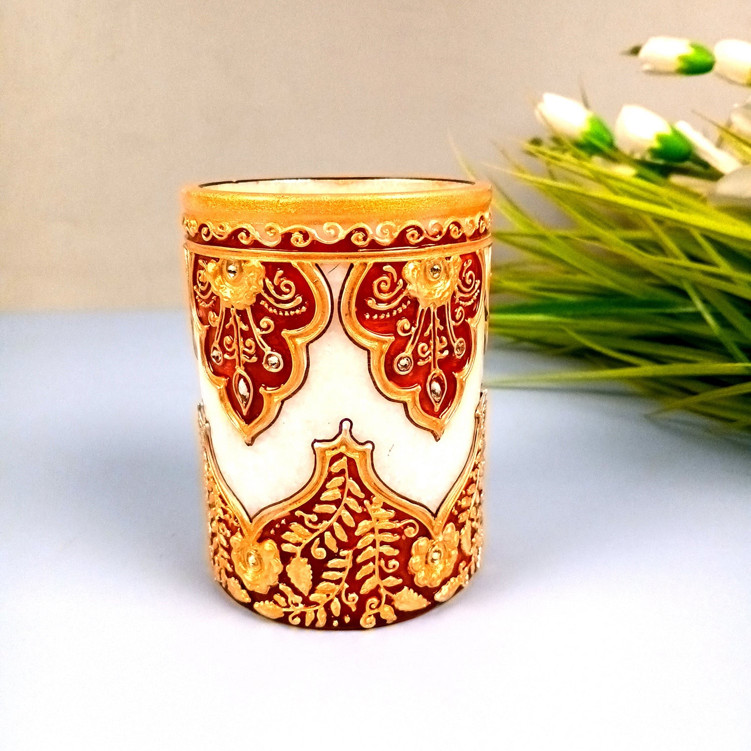 Multipurpose Holder for Cutlery, Napkin | Marble Decorative Stand with Heavy Golden Emboss & Kundan Work - for Home, Office, Table, Dining, Kitchen Decor & Gifts - 4 Inch - Apkamart #Style_Design 2