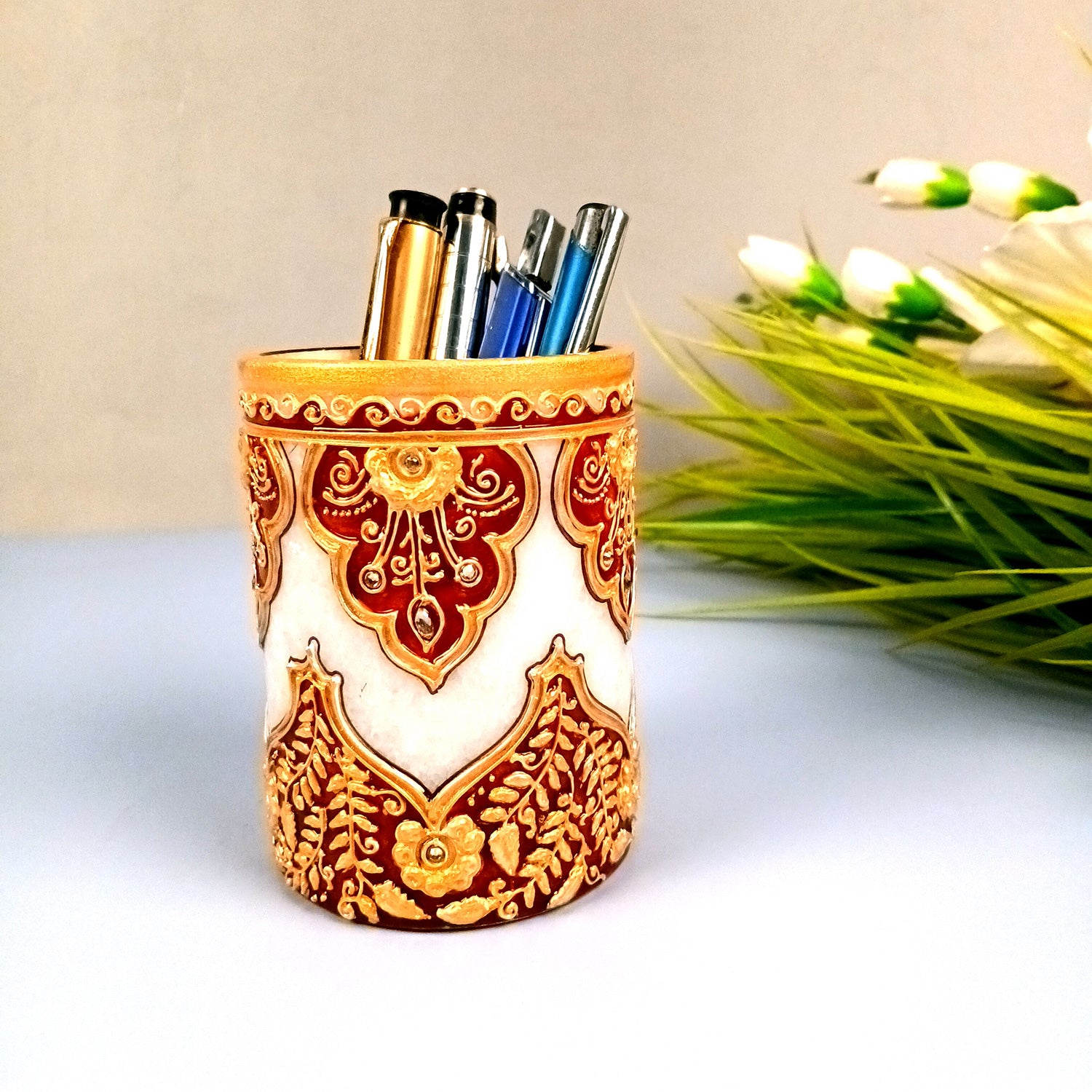 Multipurpose Holder for Cutlery, Napkin | Marble Decorative Stand with Heavy Golden Emboss & Kundan Work - for Home, Office, Table, Dining, Kitchen Decor & Gifts - 4 Inch - Apkamart #Style_Design 2