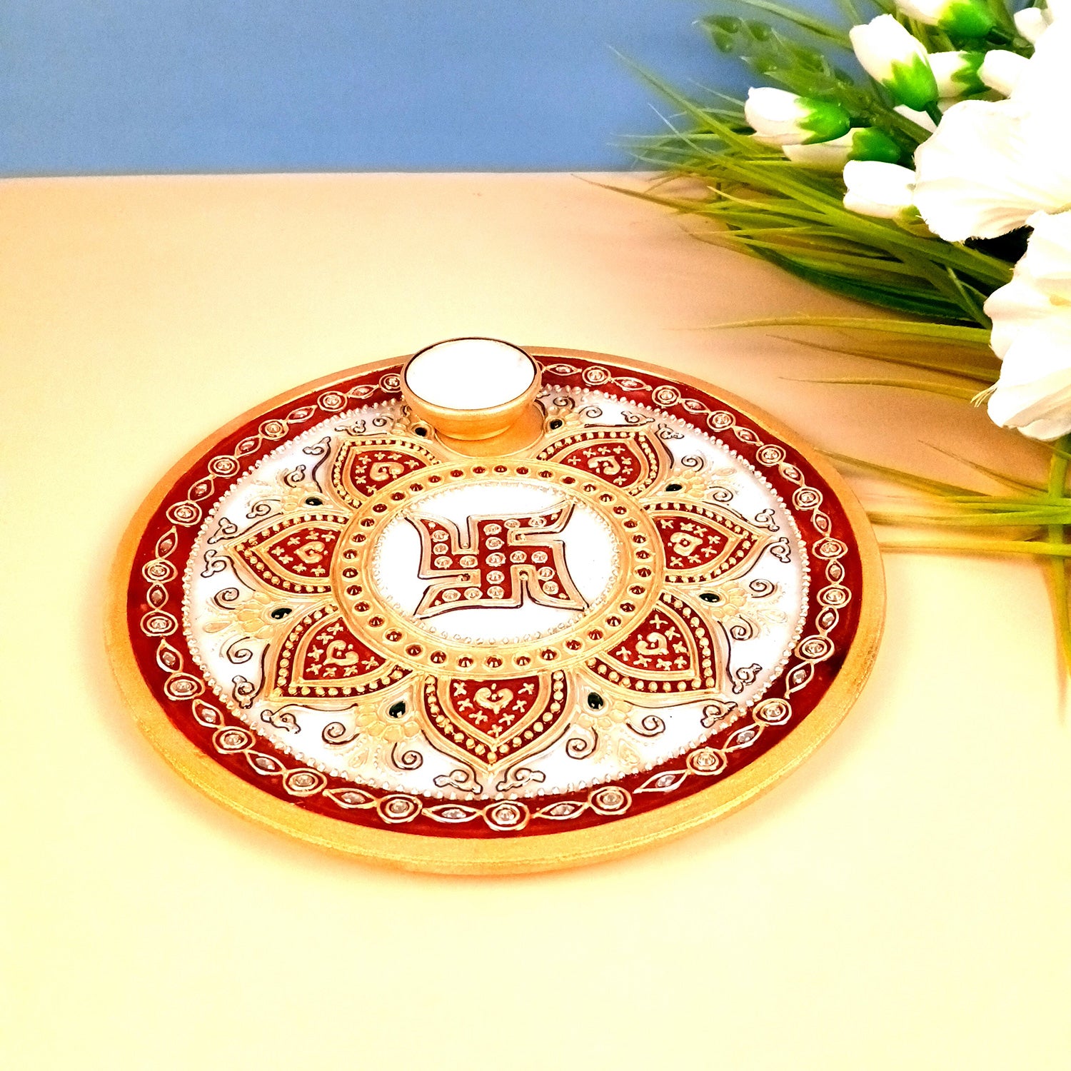 Marble Puja Thali With Diya / Bowl | Aarti Plate With Intricate Detailing & Swastik Design - For Pooja, Weddings, Temple, Rakhi, Karwachauth & Festival Decor - 9 Inch - Apkamart