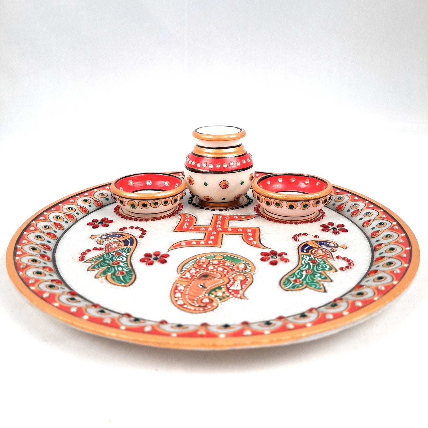 Marble Pooja Plate with Bowl, Kalash/Lota & Diya | Aarti Thali With Intricate Handwork - For Pooja, Weddings & Festivals - apkamart #Style_Design 1