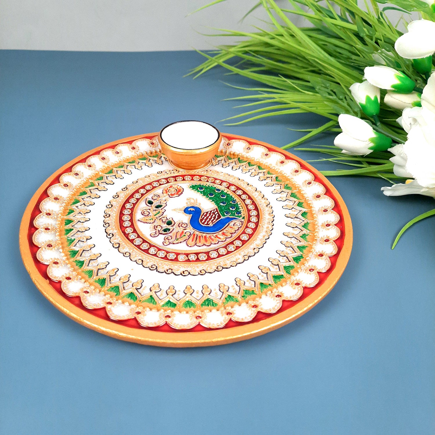 Marble Puja Thali With Diya  / Bowl | Aarti Plate With Intricate Detailing & Peacock Design - For Pooja, Weddings, Temple, Rakhi, Karwachauth & Festival Decor - 9 Inch