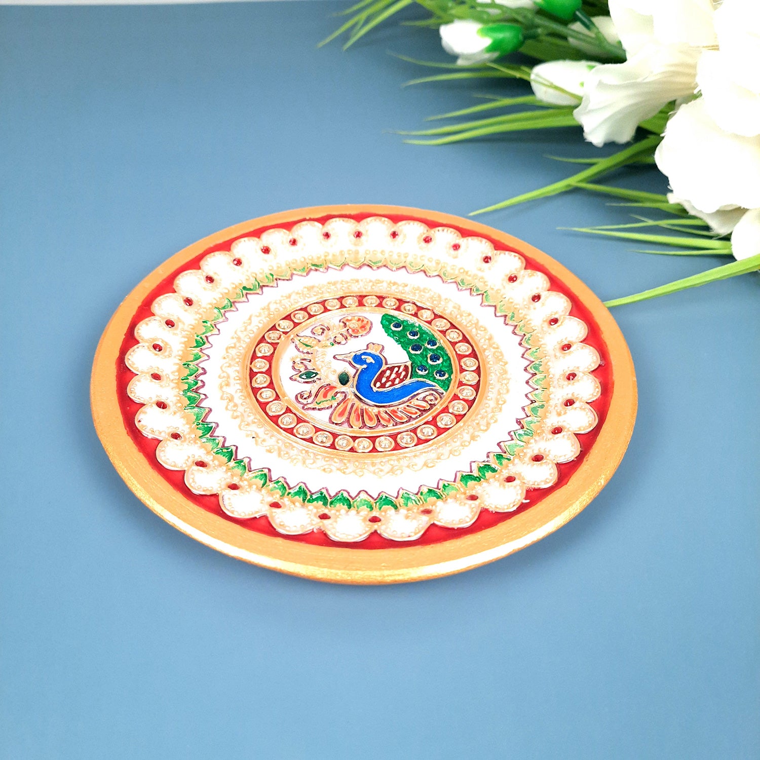 Marble Puja Thali | Aarti Plate with Intricate Detailing & Peacock Design - for Pooja, Weddings, Temple, Rakhi, Karwachauth & Festival Decor - 6 Inch