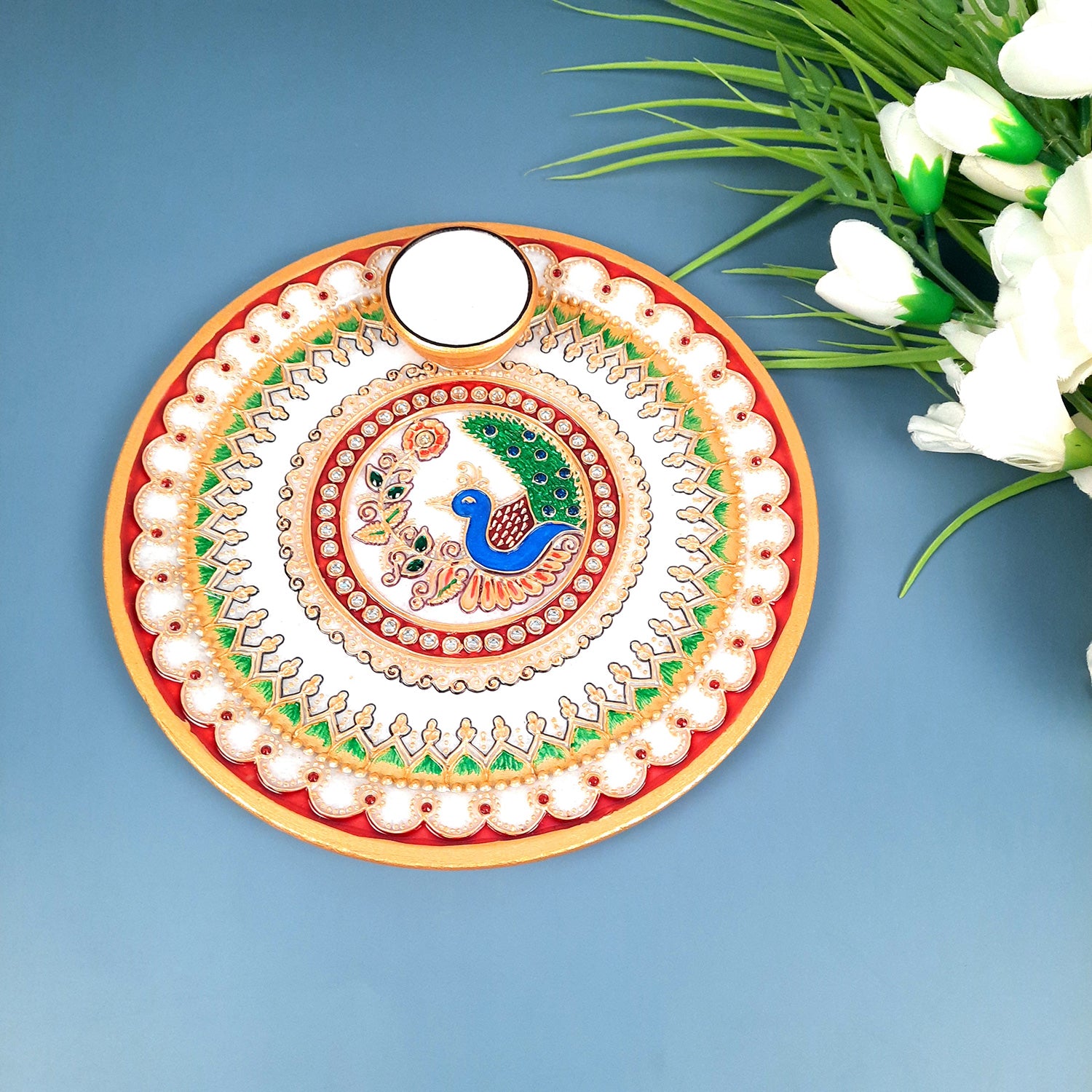 Marble Puja Thali With Diya  / Bowl | Aarti Plate With Intricate Detailing & Peacock Design - For Pooja, Weddings, Temple, Rakhi, Karwachauth & Festival Decor - 9 Inch