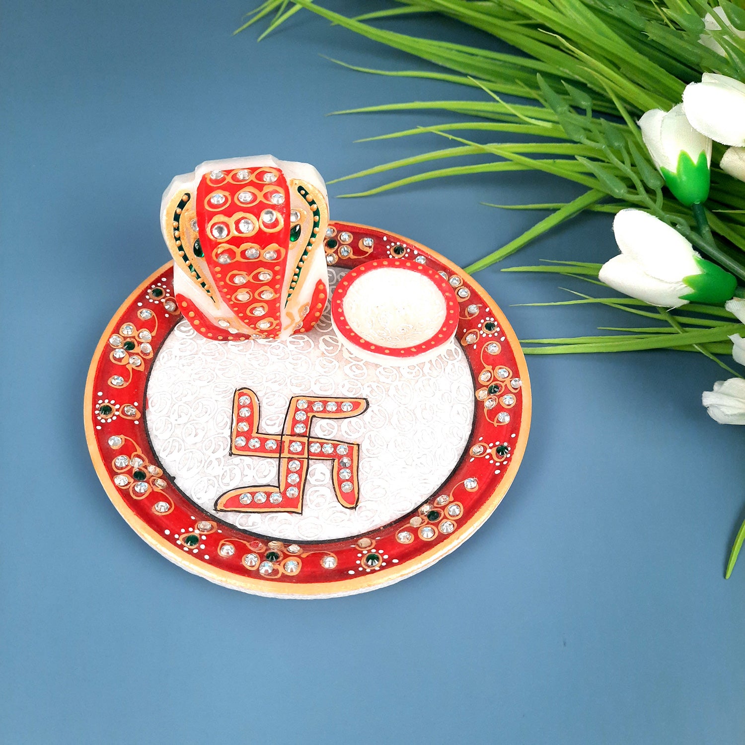 Puja Plate with Diya |Marble Pooja Thali With Heavy Om Design - For Pooja, weddings & Festivals - 6 Inch - Apkamart #Style_Design 2