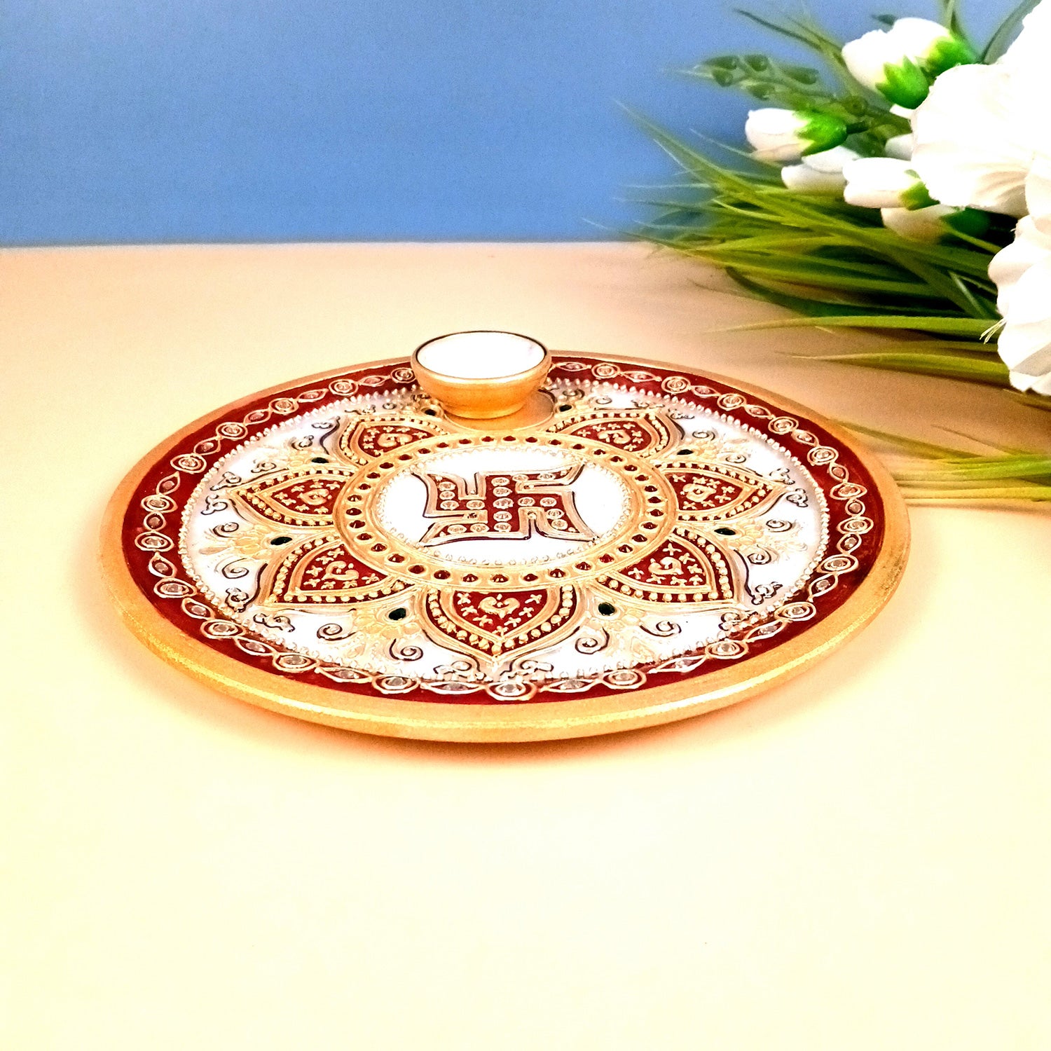 Marble Puja Thali With Diya / Bowl | Aarti Plate With Intricate Detailing & Swastik Design - For Pooja, Weddings, Temple, Rakhi, Karwachauth & Festival Decor - 9 Inch - Apkamart