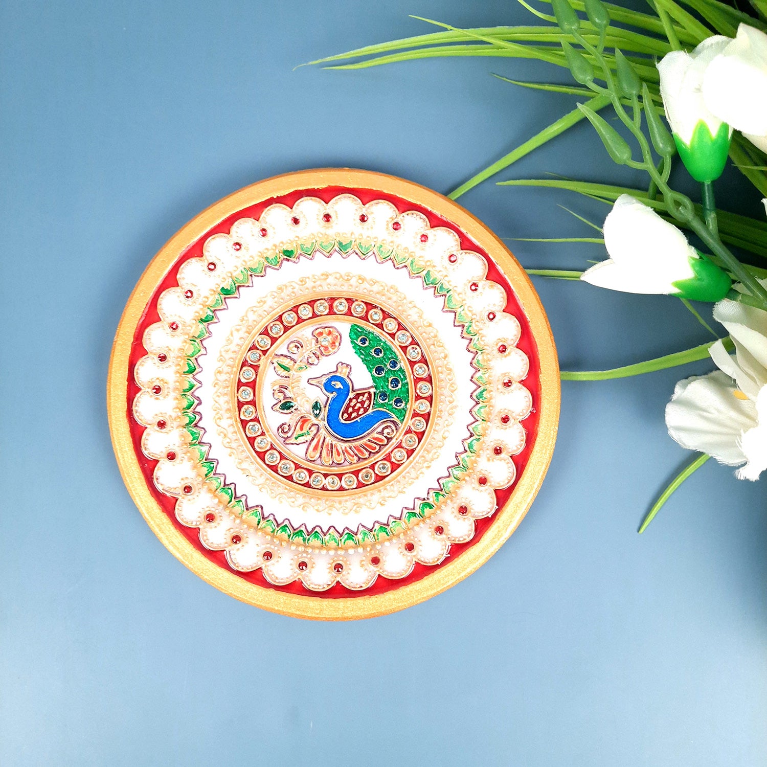 Marble Puja Thali | Aarti Plate with Intricate Detailing & Peacock Design - for Pooja, Weddings, Temple, Rakhi, Karwachauth & Festival Decor - 6 Inch