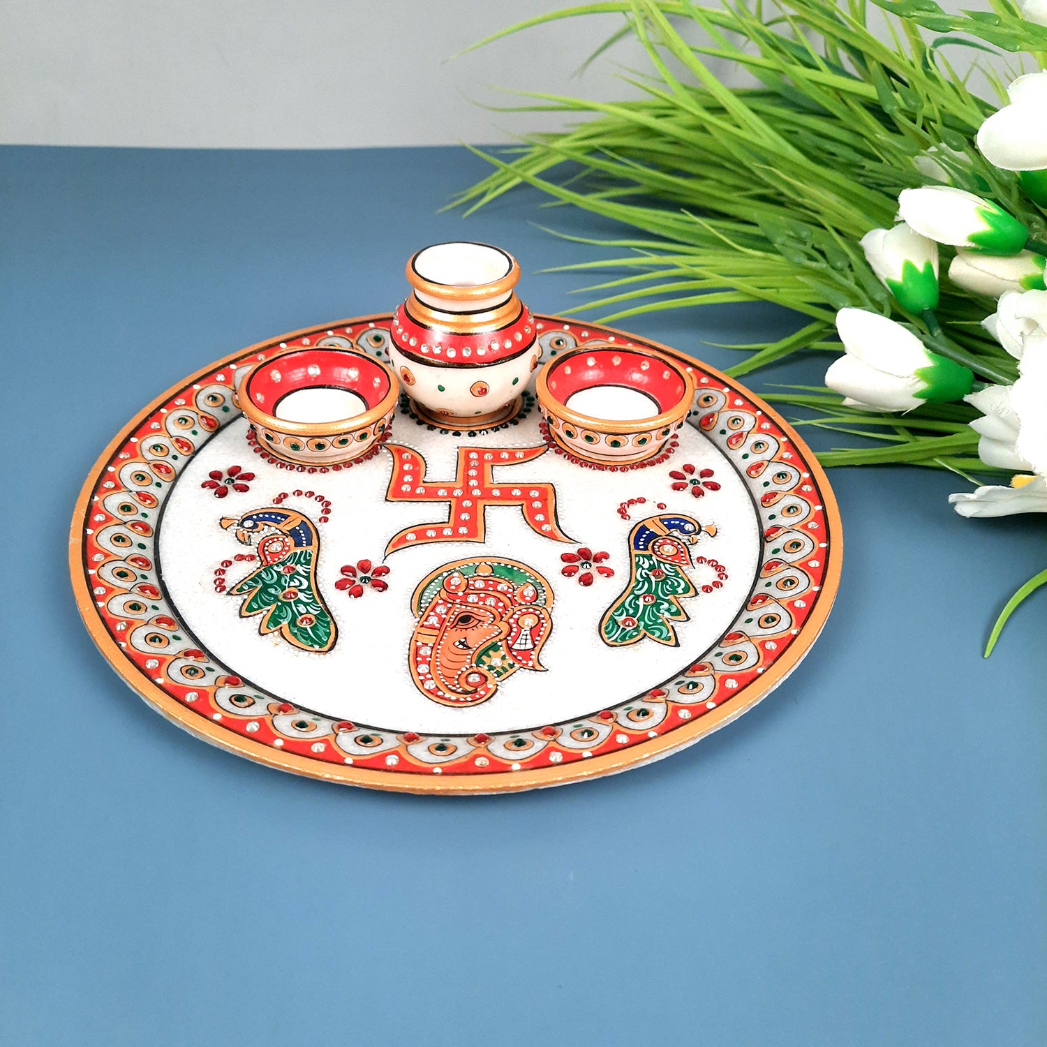 Marble Pooja Plate with Bowl, Kalash/Lota & Diya | Aarti Thali With Intricate Handwork - For Pooja, Weddings & Festivals - apkamart #Style_Design 1