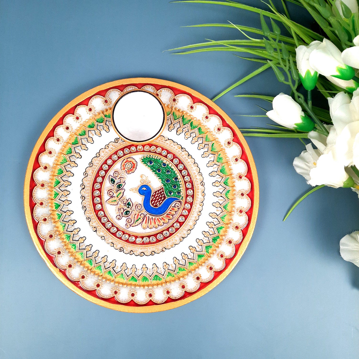 Marble Puja Thali With Diya  / Bowl | Aarti Plate With Intricate Detailing & Peacock Design - For Pooja, Weddings, Temple, Rakhi, Karwachauth & Festival Decor - 9 Inch