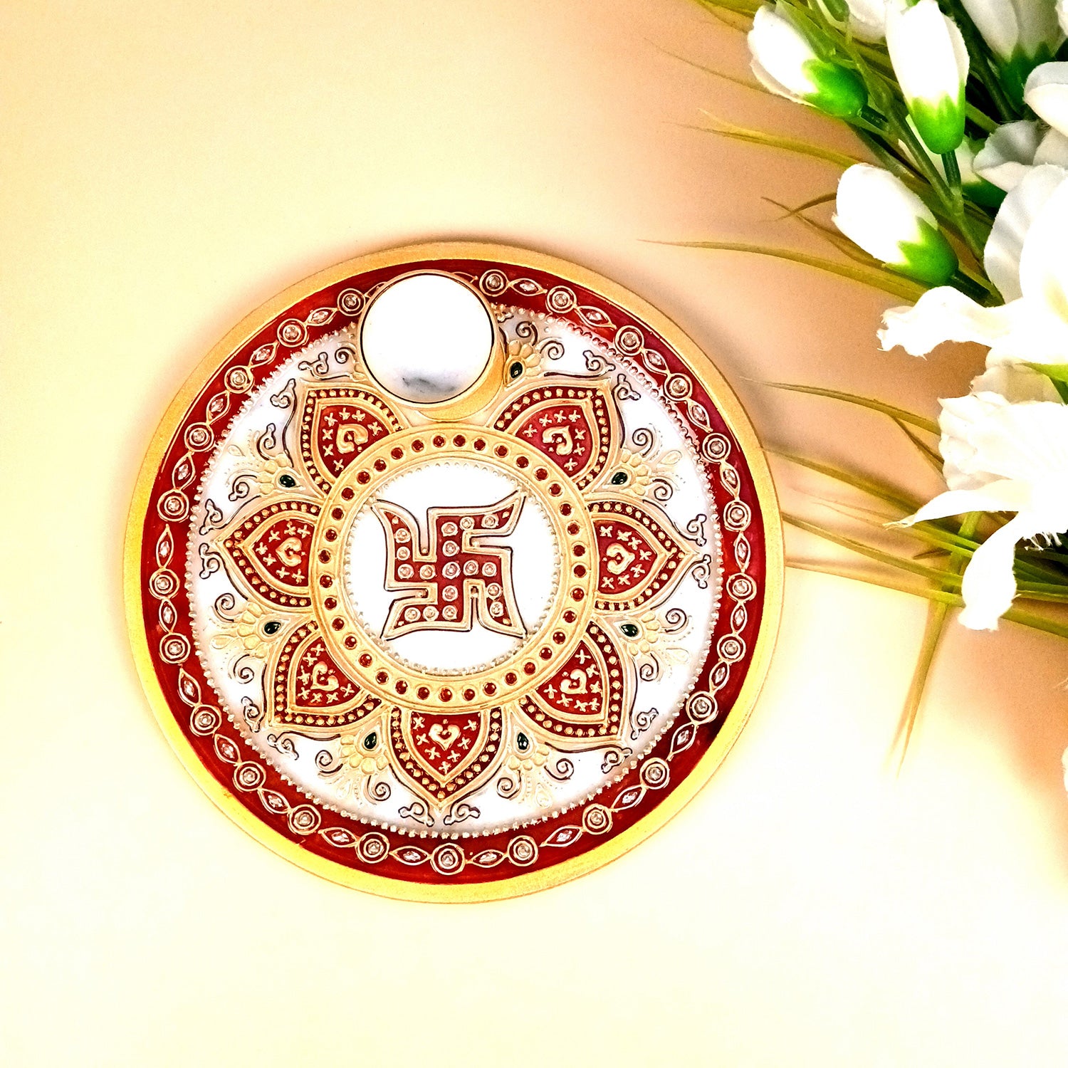 Marble Puja Thali With Diya / Bowl | Aarti Plate With Intricate Detailing & Swastik Design - For Pooja, Weddings, Temple, Rakhi, Karwachauth & Festival Decor - 9 Inch - Apkamart