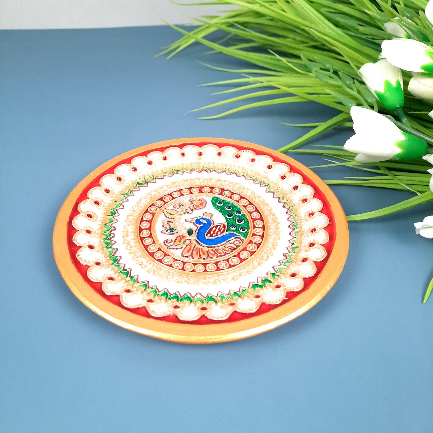 Marble Puja Thali | Aarti Plate with Intricate Detailing & Peacock Design - for Pooja, Weddings, Temple, Rakhi, Karwachauth & Festival Decor - 6 Inch