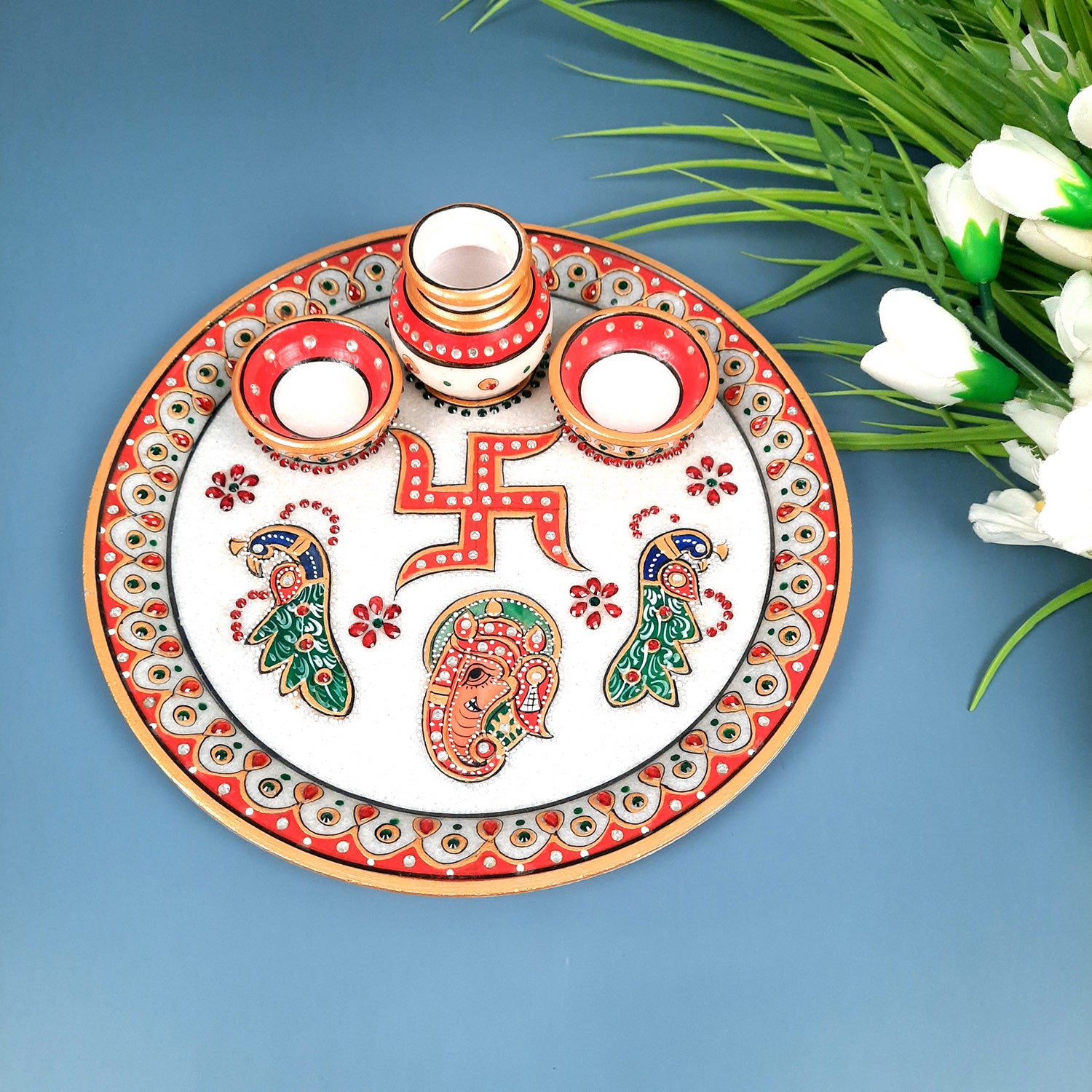 Marble Pooja Plate with Bowl, Kalash/Lota & Diya | Aarti Thali With Intricate Handwork - For Pooja, Weddings & Festivals - apkamart #Style_Design 1