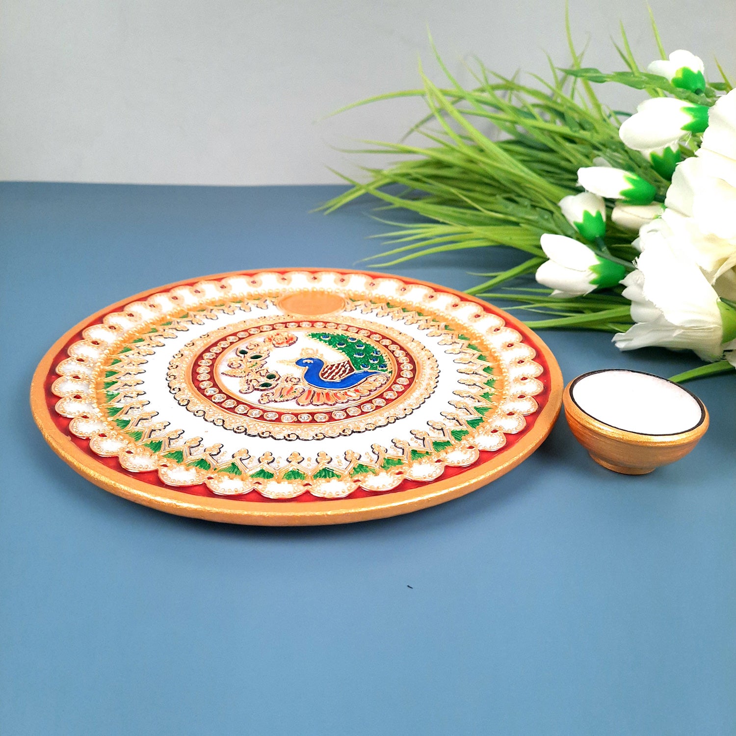 Marble Puja Thali With Diya  / Bowl | Aarti Plate With Intricate Detailing & Peacock Design - For Pooja, Weddings, Temple, Rakhi, Karwachauth & Festival Decor - 9 Inch