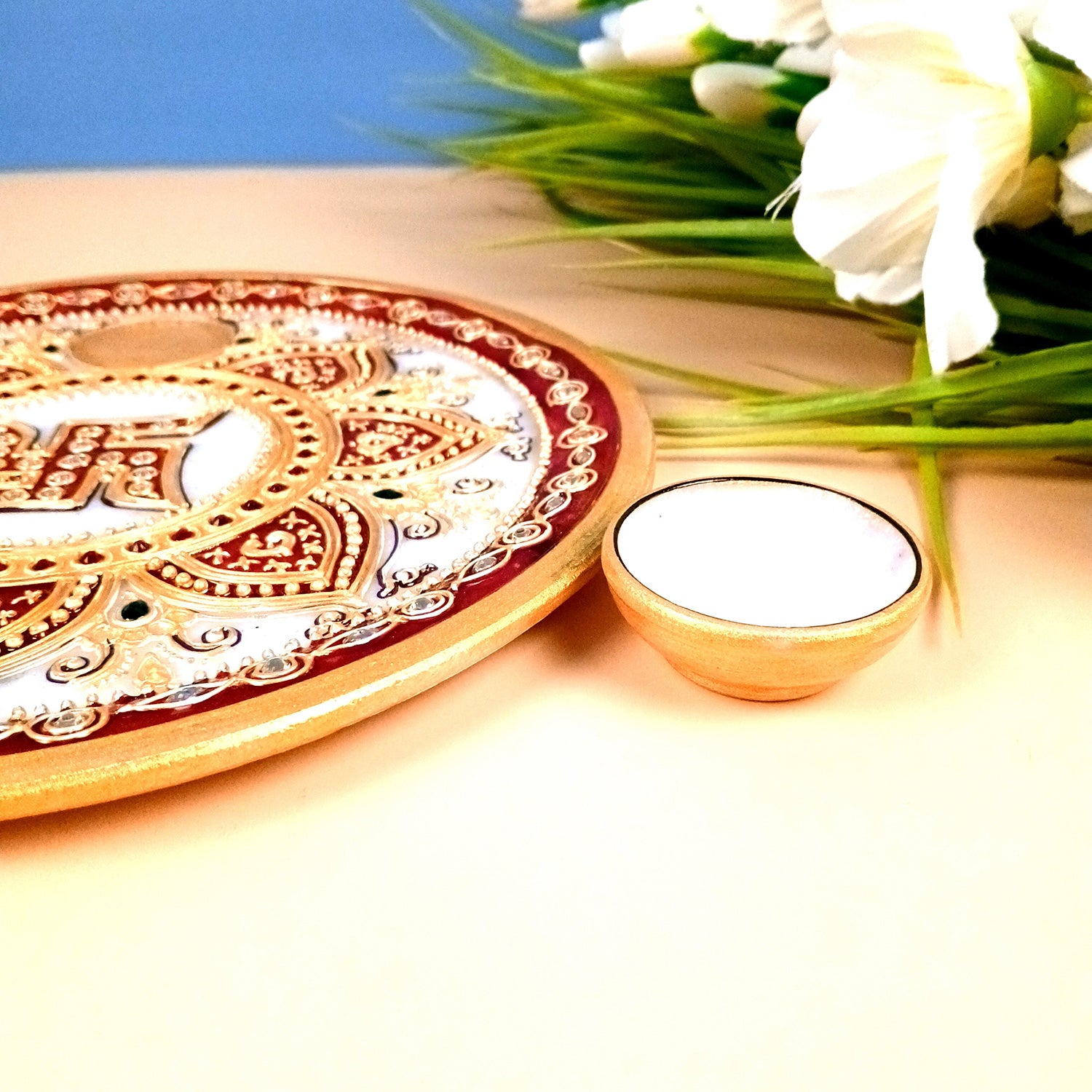 Marble Puja Thali With Diya / Bowl | Aarti Plate With Intricate Detailing & Swastik Design - For Pooja, Weddings, Temple, Rakhi, Karwachauth & Festival Decor - 9 Inch - Apkamart