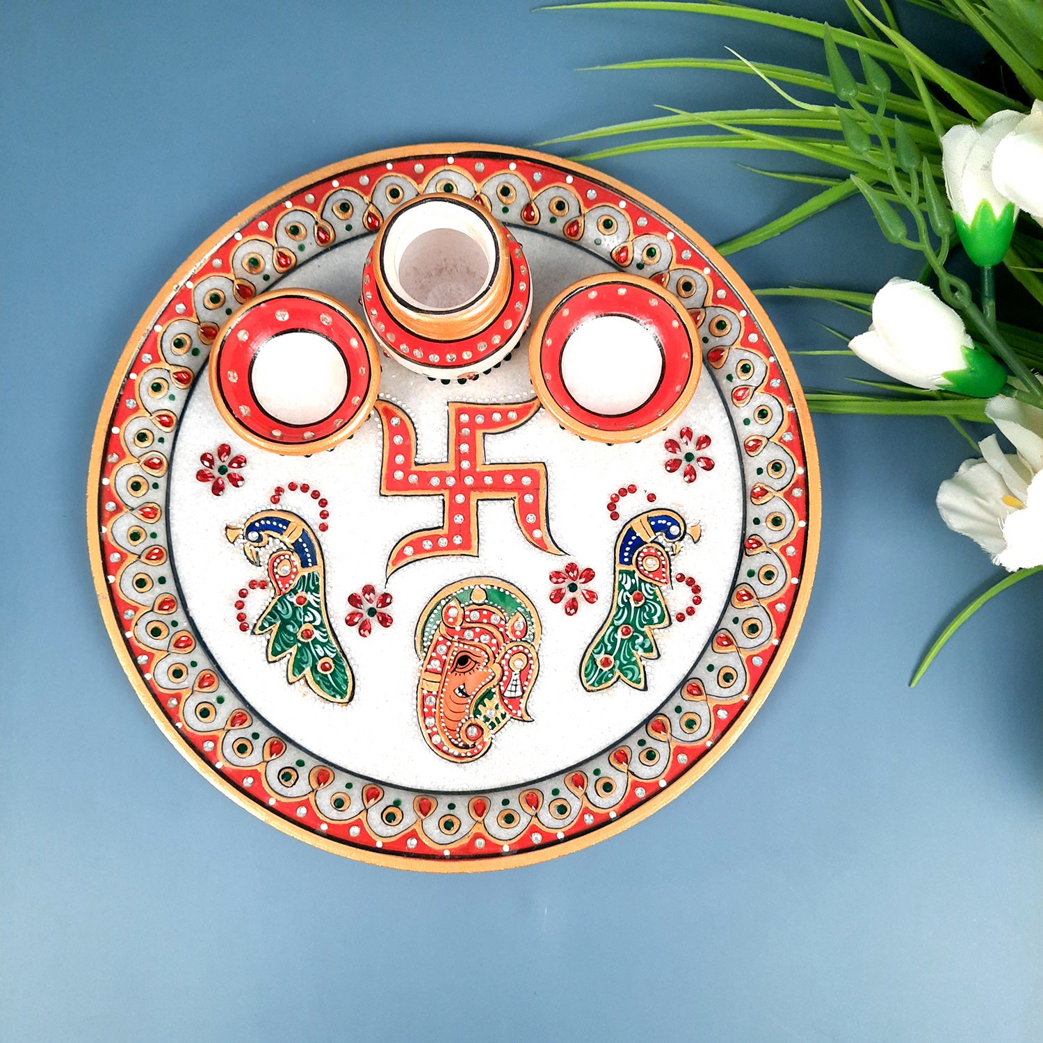 Marble Pooja Plate with Bowl, Kalash/Lota & Diya | Aarti Thali With Intricate Handwork - For Pooja, Weddings & Festivals - apkamart #Style_Design 1