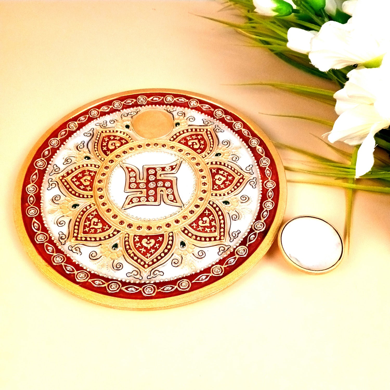 Marble Puja Thali With Diya / Bowl | Aarti Plate With Intricate Detailing & Swastik Design - For Pooja, Weddings, Temple, Rakhi, Karwachauth & Festival Decor - 9 Inch - Apkamart