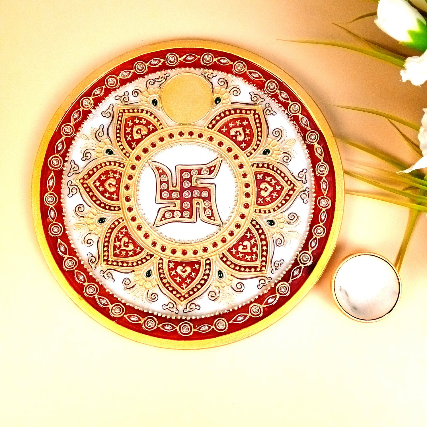 Marble Puja Thali With Diya / Bowl | Aarti Plate With Intricate Detailing & Swastik Design - For Pooja, Weddings, Temple, Rakhi, Karwachauth & Festival Decor - 9 Inch - Apkamart