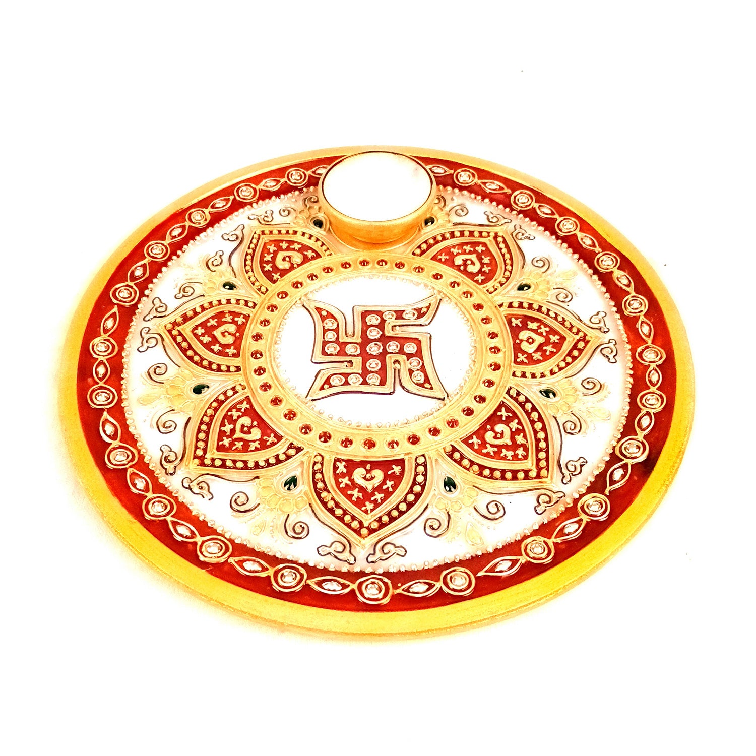 Marble Puja Thali With Diya / Bowl | Aarti Plate With Intricate Detailing & Swastik Design - For Pooja, Weddings, Temple, Rakhi, Karwachauth & Festival Decor - 9 Inch - Apkamart