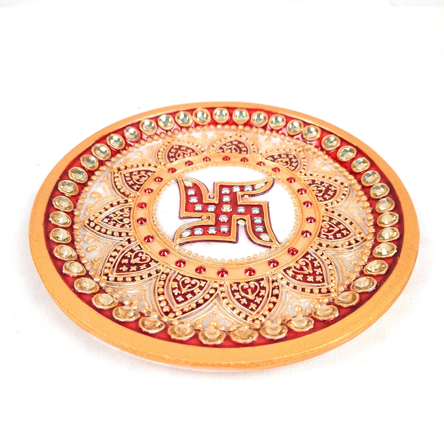 Marble Pooja Plate | Aarti Thali with Intricate Detailing & Swastik Design - for Pooja, Weddings, Temple, Rakhi, Karwachauth & Festival Decor - 6 Inch - apkamart