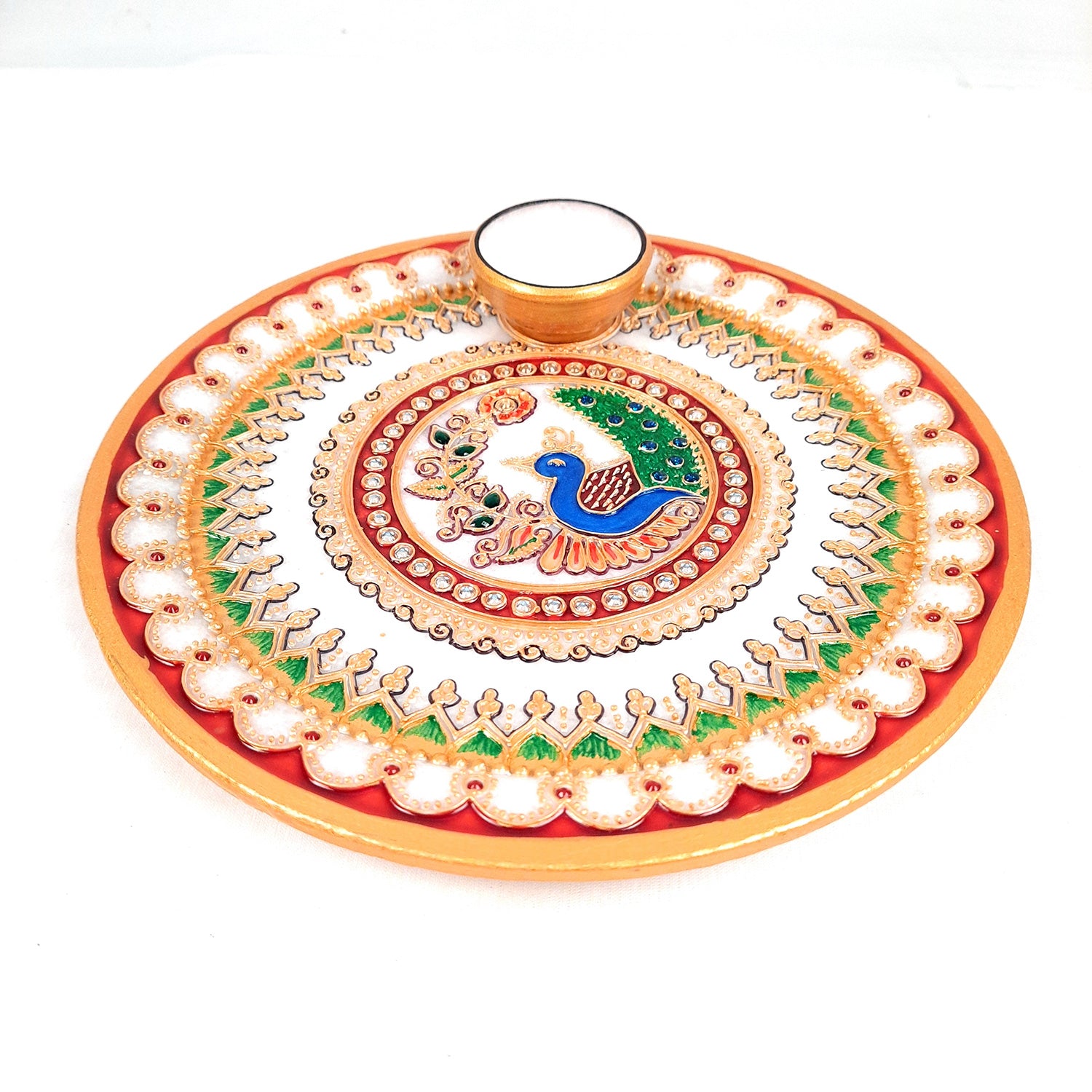 Marble Puja Thali With Diya  / Bowl | Aarti Plate With Intricate Detailing & Peacock Design - For Pooja, Weddings, Temple, Rakhi, Karwachauth & Festival Decor - 9 Inch