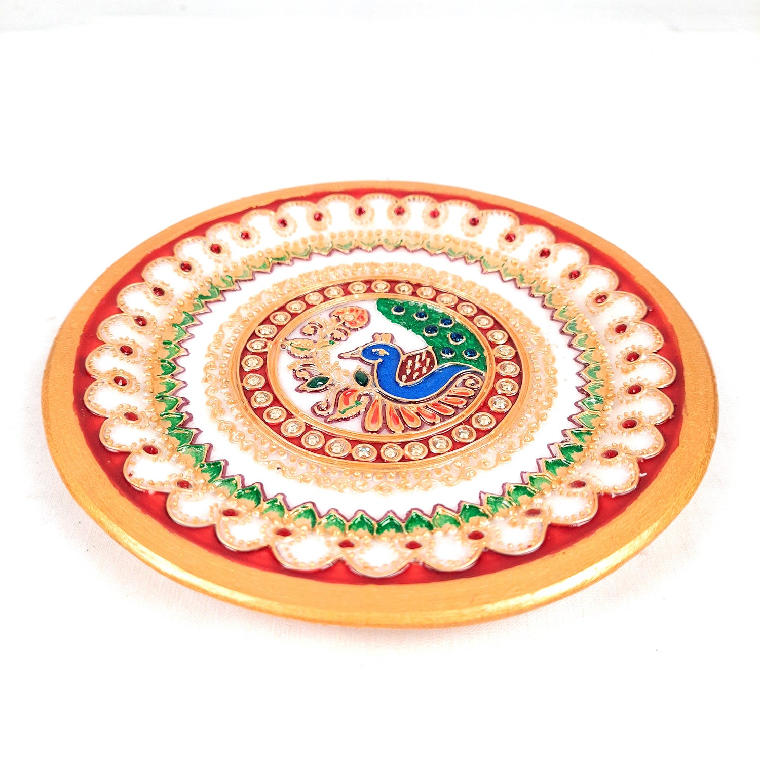 Marble Puja Thali | Aarti Plate with Intricate Detailing & Peacock Design - for Pooja, Weddings, Temple, Rakhi, Karwachauth & Festival Decor - 6 Inch