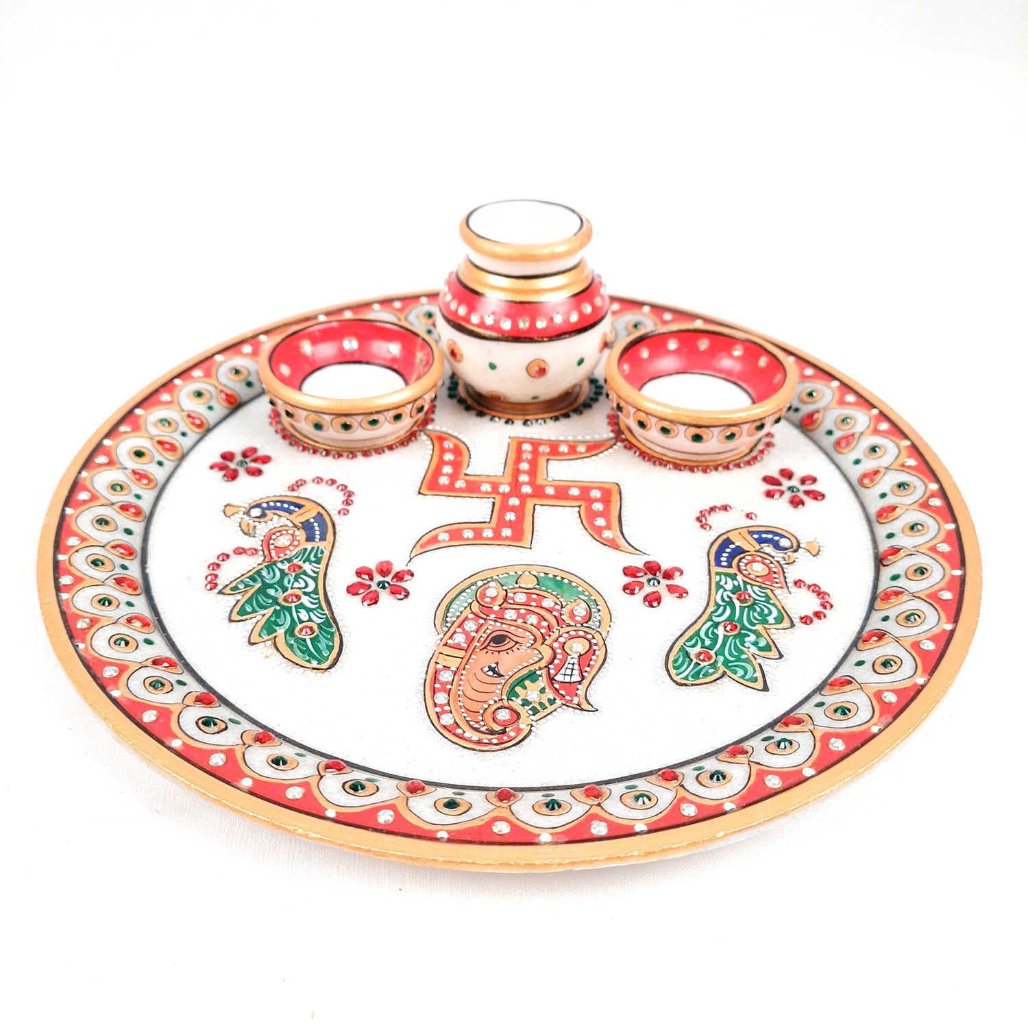 Marble Pooja Plate with Bowl, Kalash/Lota & Diya | Aarti Thali With Intricate Handwork - For Pooja, Weddings & Festivals - apkamart #Style_Design 1